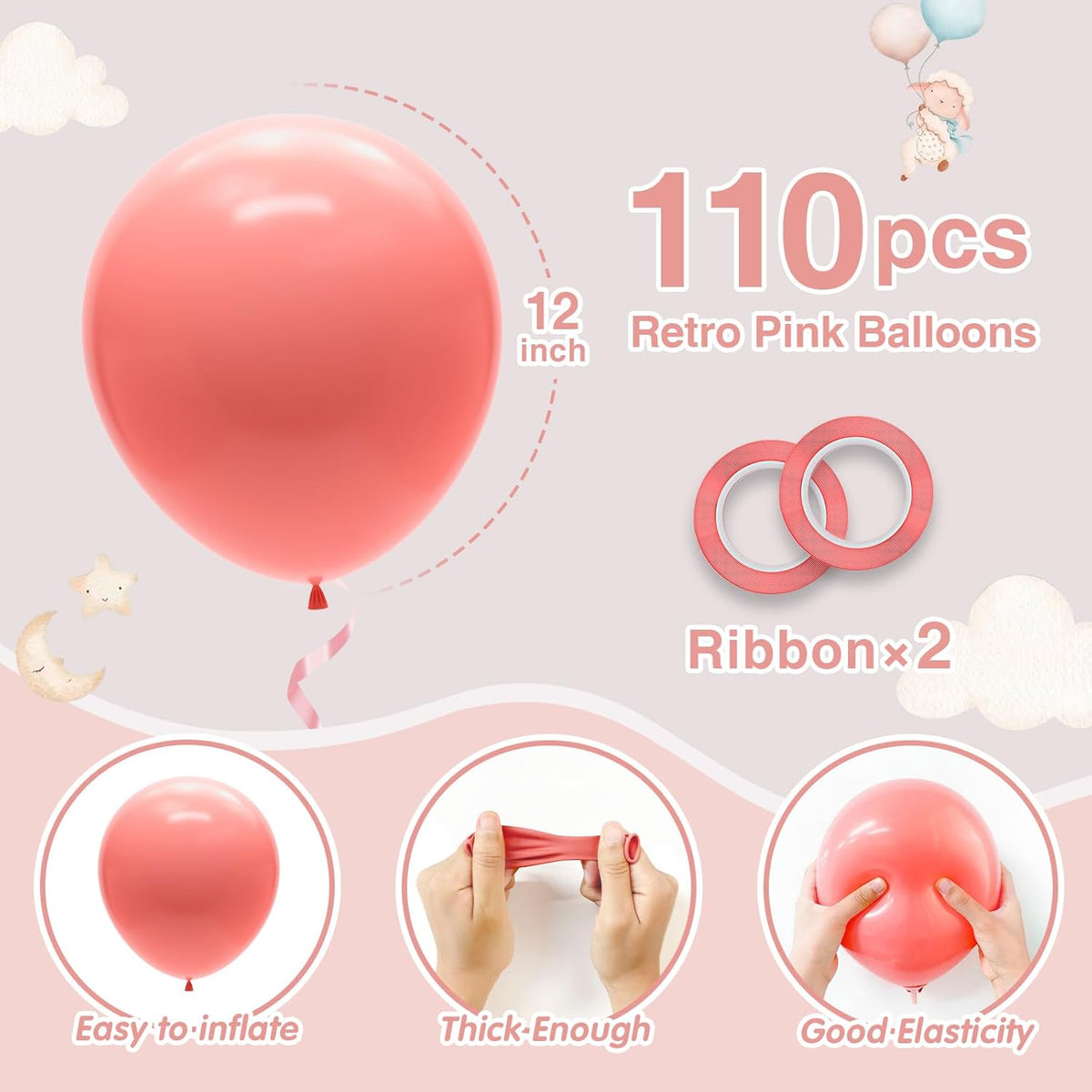 110pcs Retro Pink Balloons 12 Inch Pink Latex Balloon Arch Kit for Birthday Baby Shower Anniversary