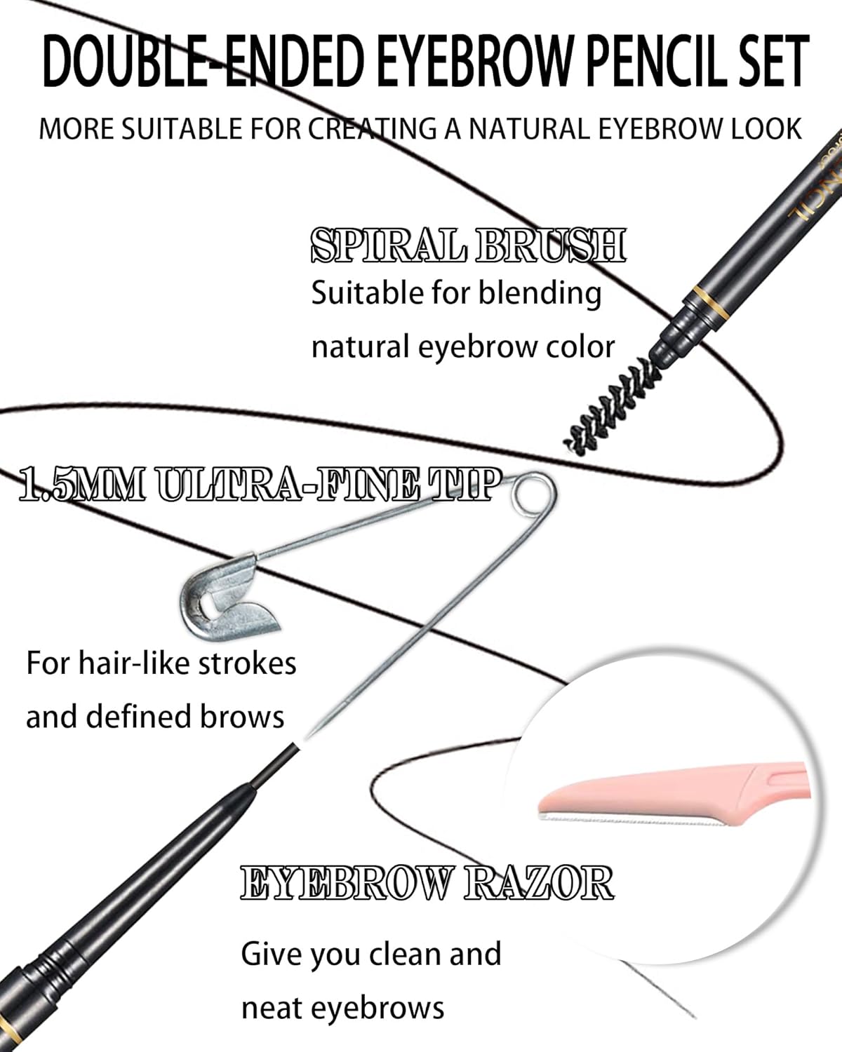 Black Eye Brow Pencils for Women, 6Pcs Waterproof Eyebrow Pencil, 1.5mm Micro-Fine Tip & Spiral