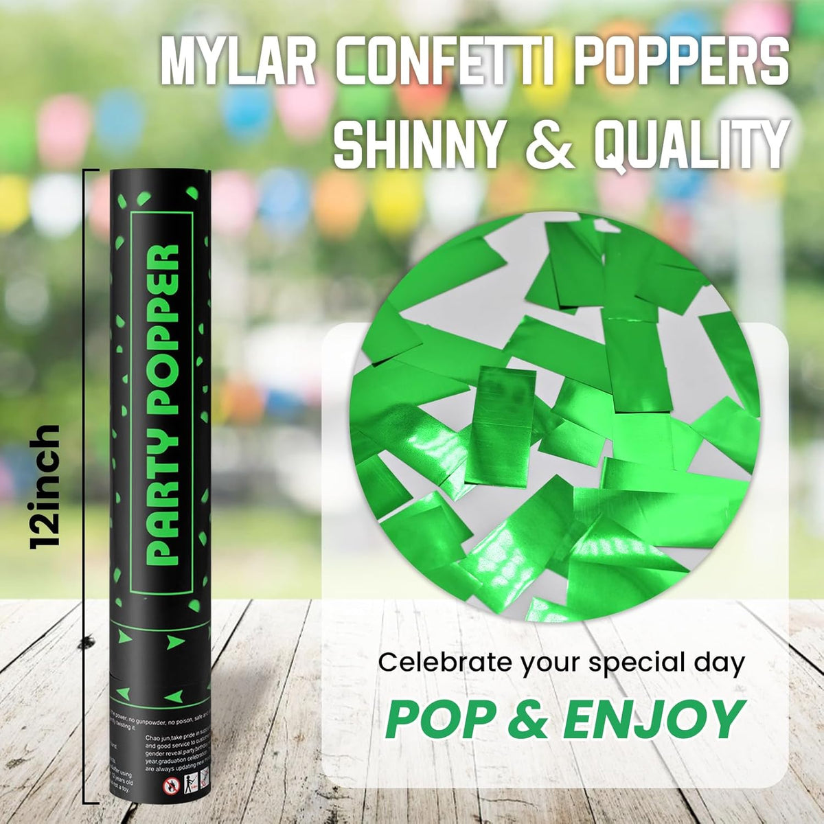 Party Poppers Confetti Cannon 12 Pack Green Poppers 12 Inch Party Shooters Mylar Confetti Green