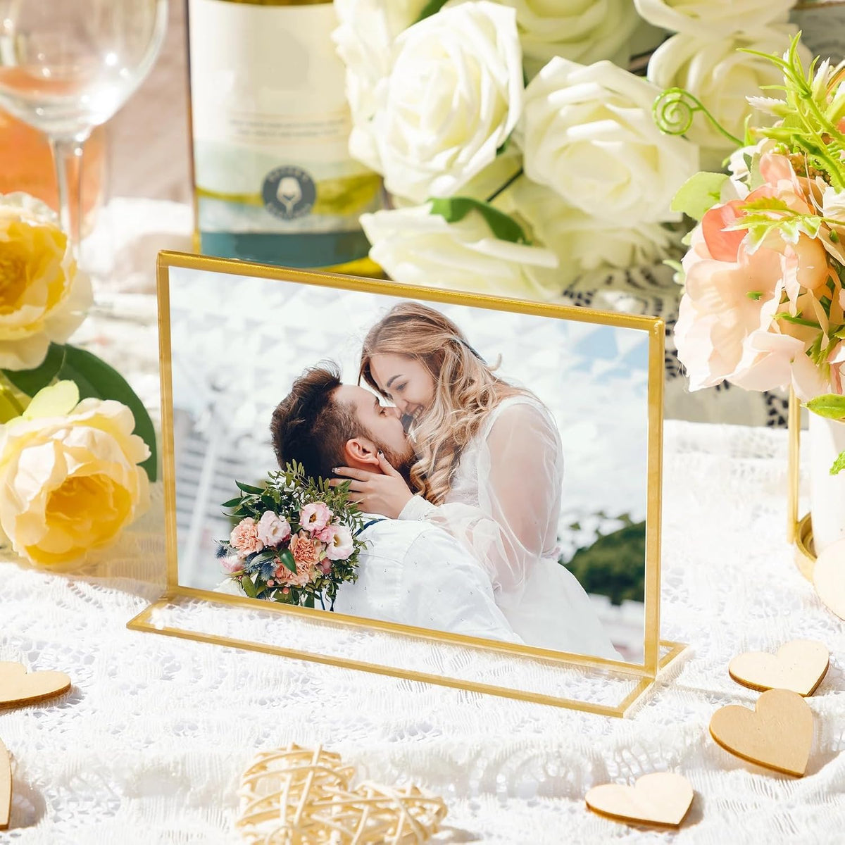 Hoteam 24 Pack 7 x 5 Clear Acrylic Sign Holder with Gold Borders, Gold Picture Frame, Double Sided