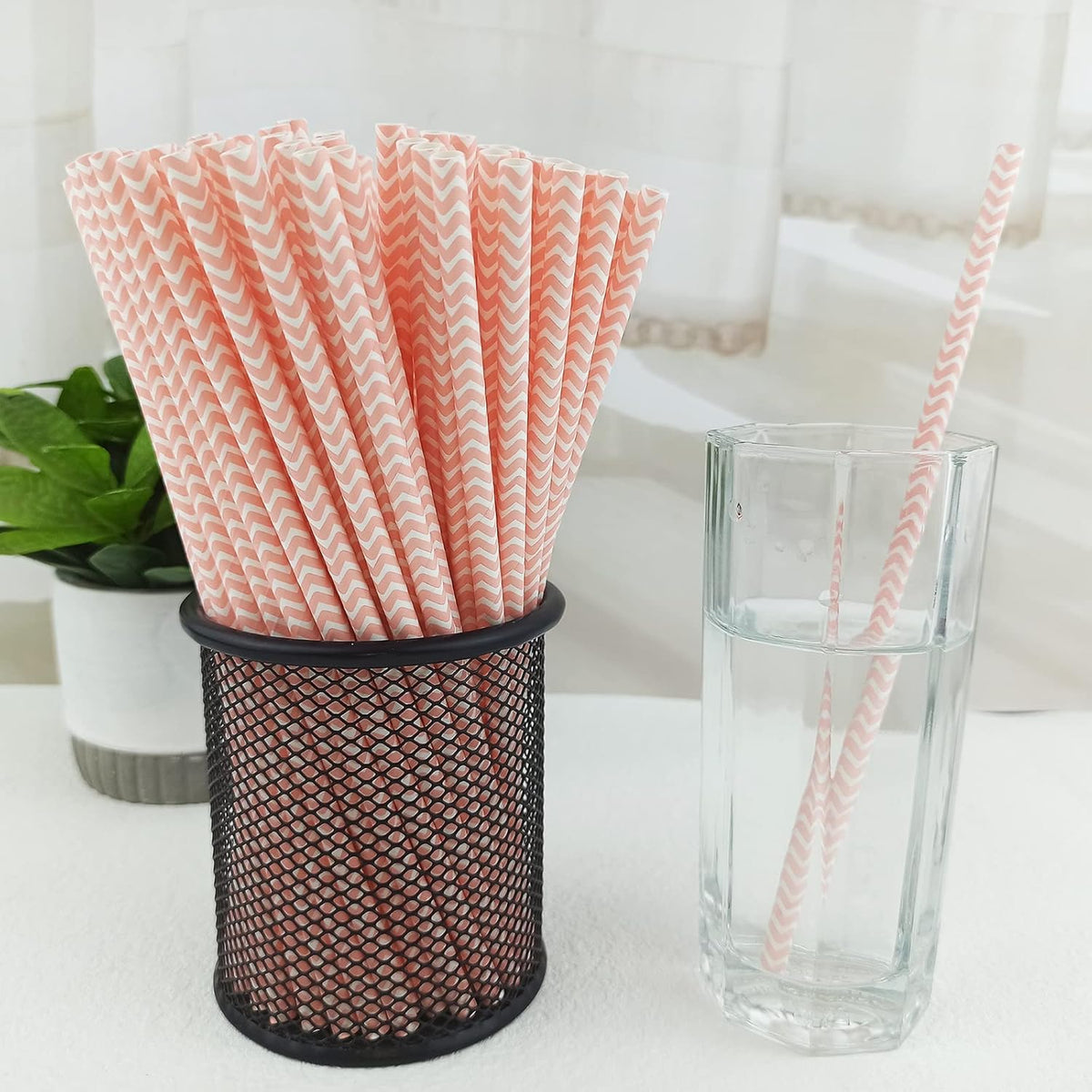 YAOSHENG Premium Disposable Waves Striped Drinking Paper Straws, Pack 100 Pink Waves Paper Straws