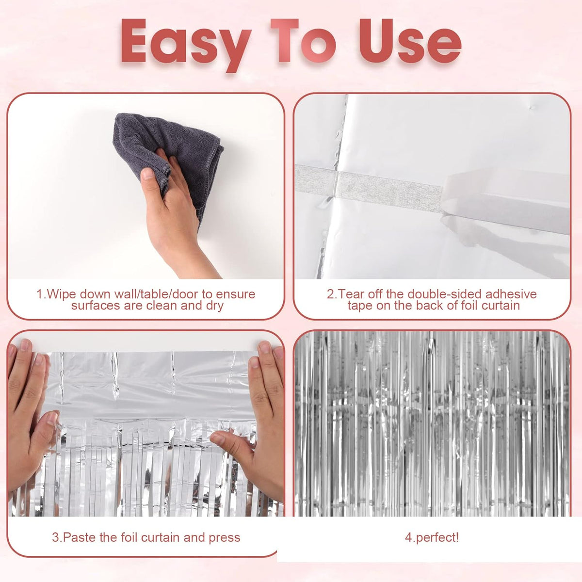 4 Pack Silver Foil Fringe Backdrop Curtains, Tinsel Streamers Birthday Party Decorations, Fringe
