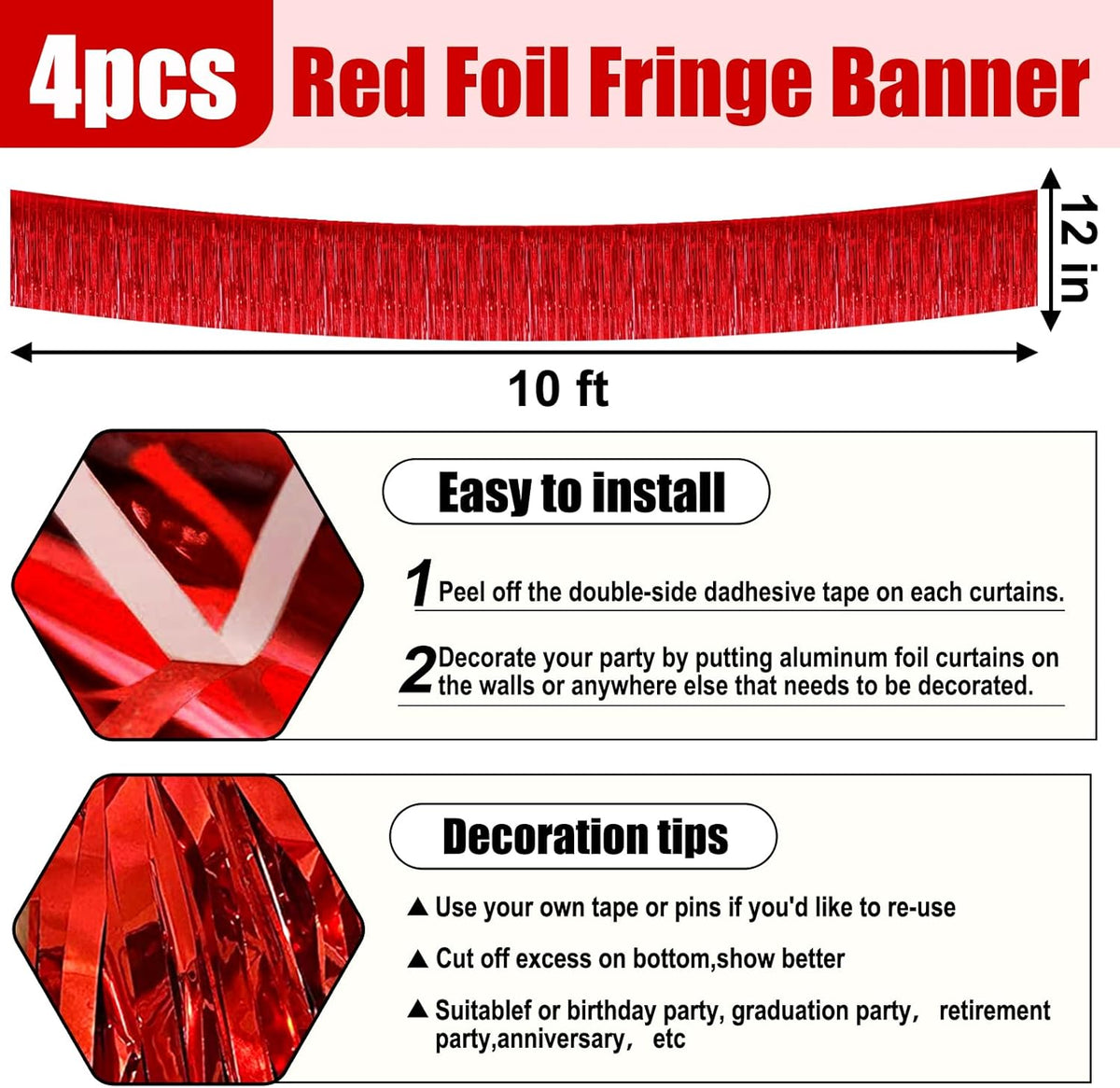 4 Pack 10 Feet Red Foil Fringe Garland Metallic Tinsel Streamers Banner Wall Hanging Curtain