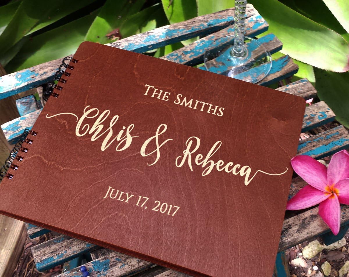 Wooden Wedding Guest Book Personalized (11"x8.5", Mahogany Stain) Wood for Bride and Groom Vintage
