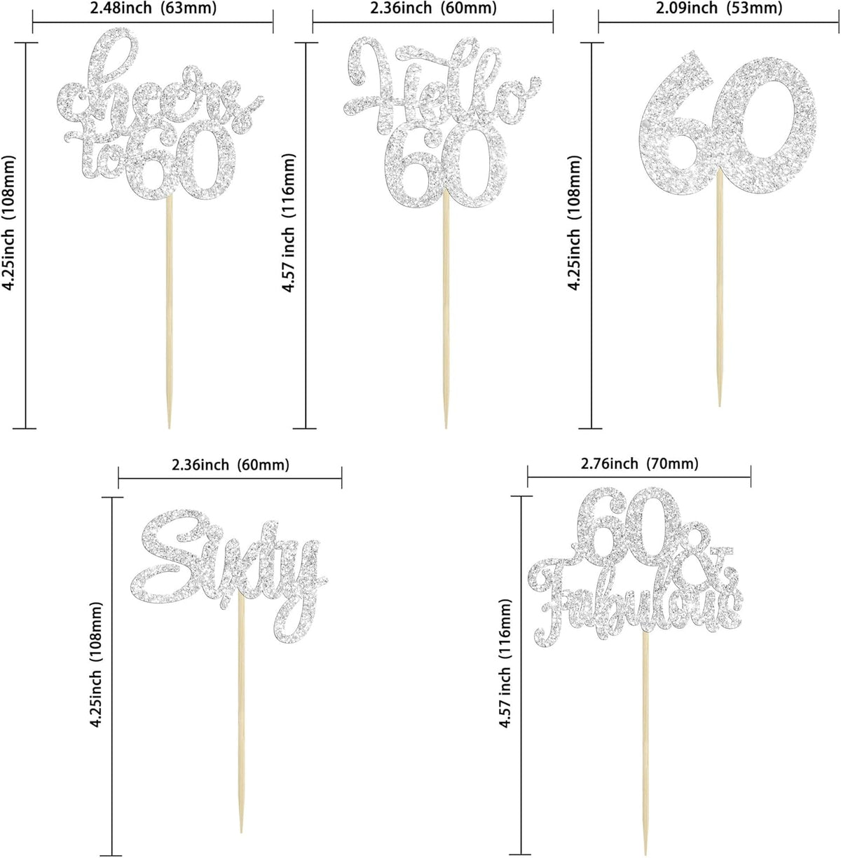 30Pcs Happy 60th Birthday Cupcake Toppers Silver Glitter Sixty Cake Toppers Cheers to 60 Years Old