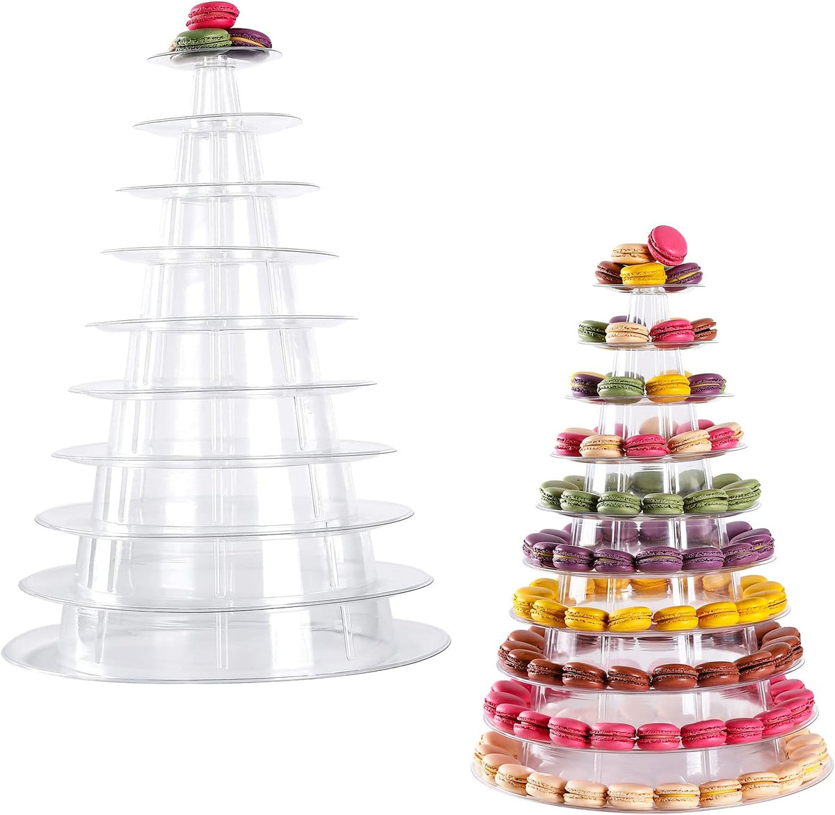 Macaron Tower Stand 10 Tier 4" - 13" Transparent Plastic Round Tower Display Stand Cupcake Cake