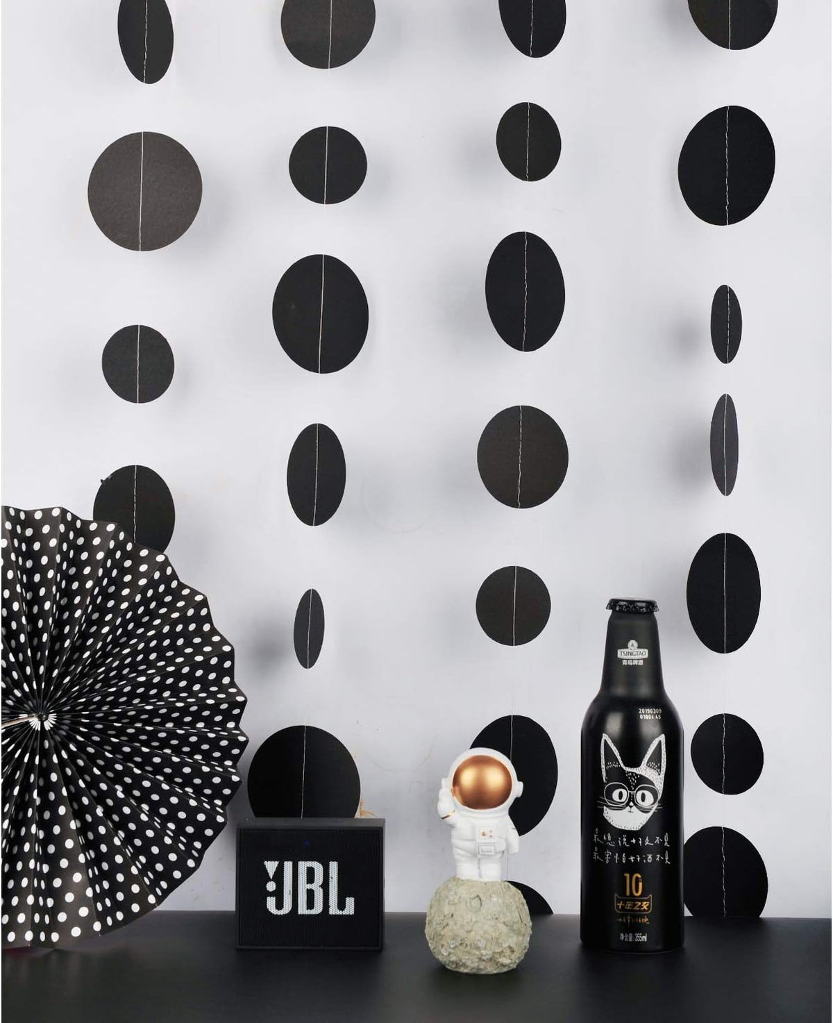 Black Paper Garland Circle Dot Party Banner Wall Streamers Backdrop Ceiling Hanging Decorations, 20
