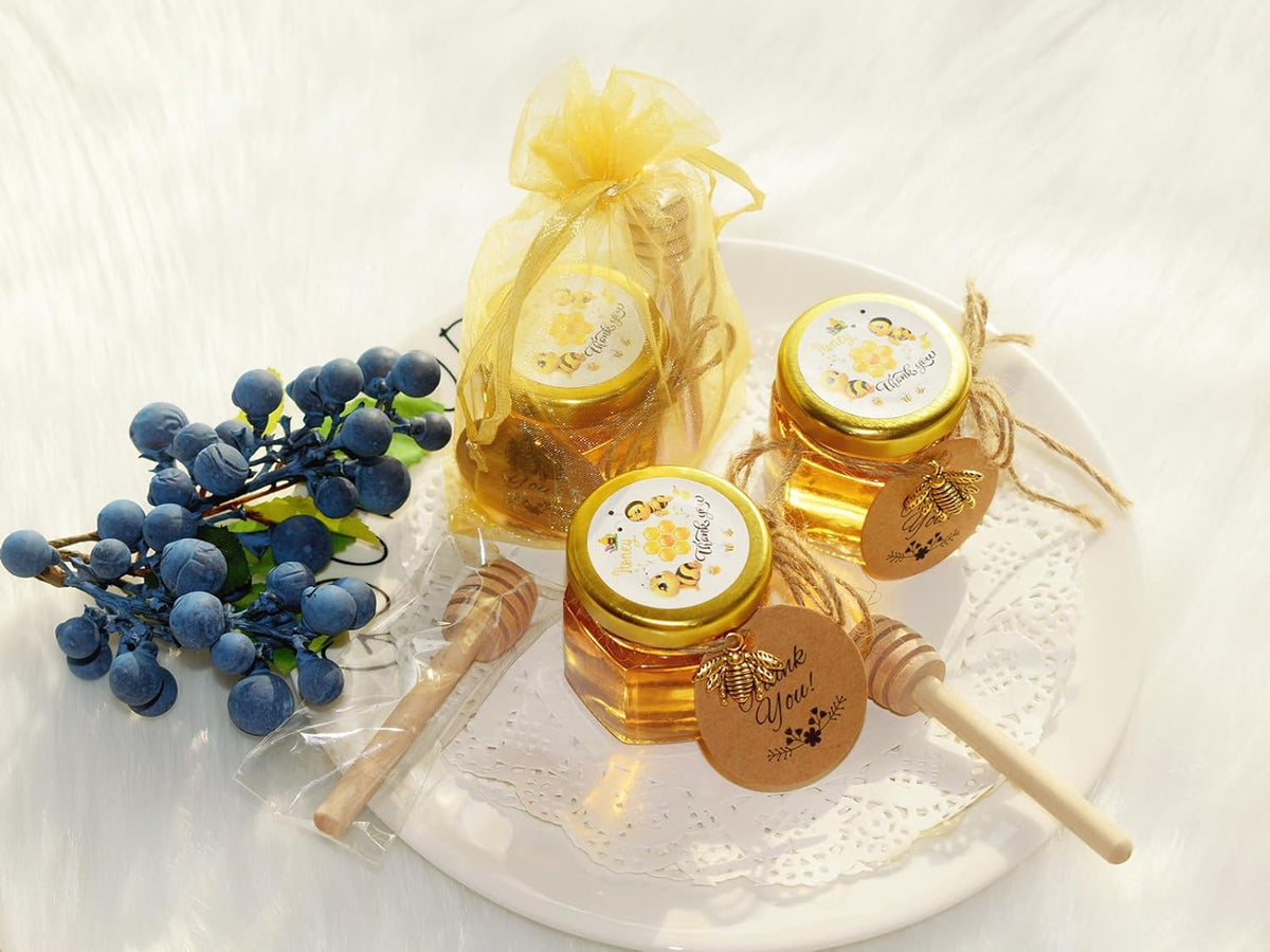 IIKUM 40 Pack Glass Honey Jars, 1.5 oz Honey Pot with Baby Shower Sash, Lids, Dippers, Bee