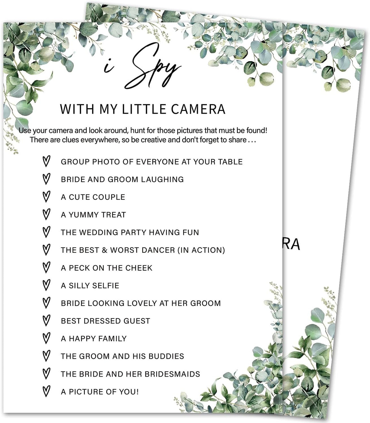 Eucalyptus Bridal Shower Game Cards - I Spy With My Little Camera, Wedding Engagement Bachelorette