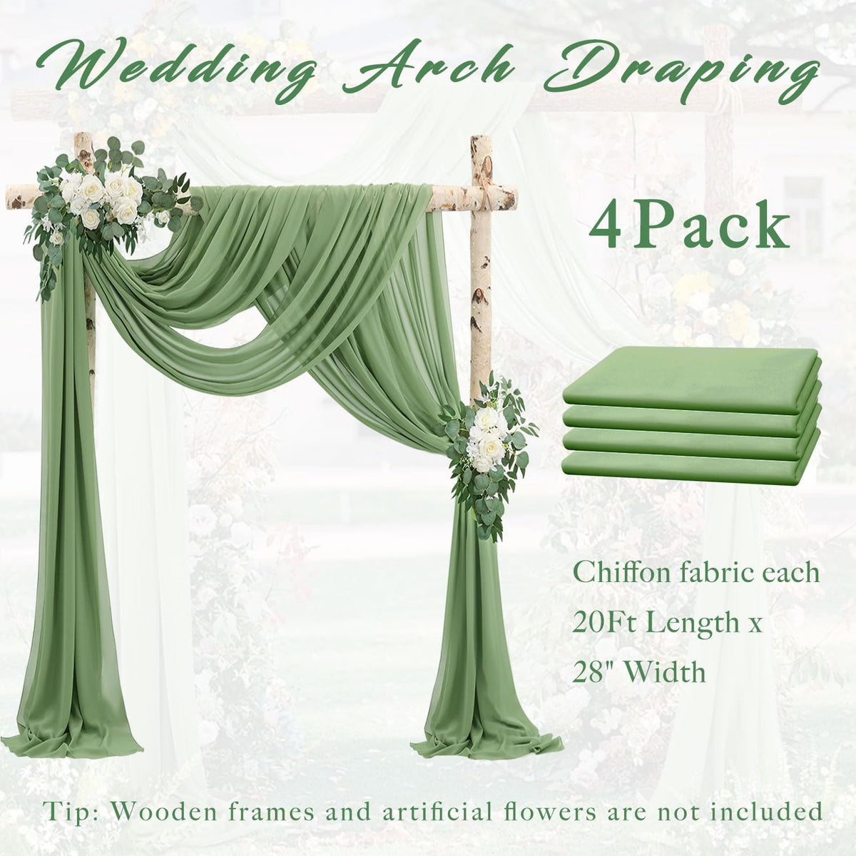 Wedding Arch Draping Fabric 4 Panels 20Ft length x 28" width Sage Green Arch Drapes Chiffon Fabric