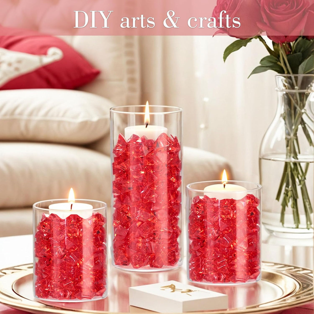 DomeStar Red Fake Ice Rocks, 150PCS Acrylic Gems Crystals Plastic Diamonds Centerpiece for Vase