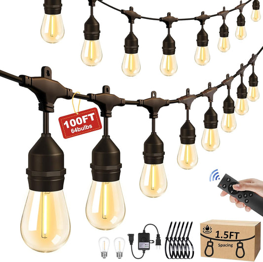 100FT Outdoor String Lights with 64+4 Bulbs (1.5FT Bulbs Spacing), Remote & Dimmer, Commercial