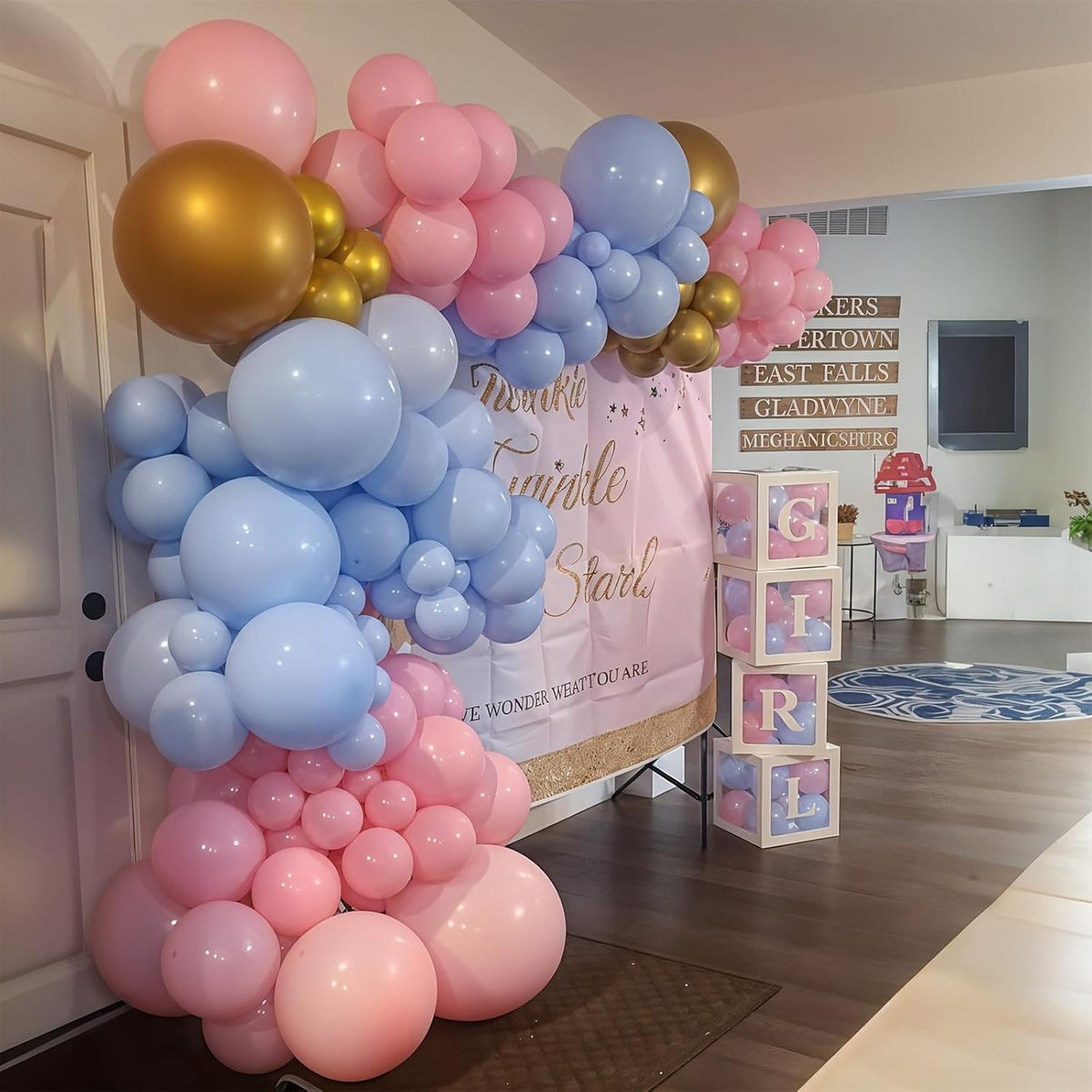 Balloons Pink and Blue, 60 Pack 12 Inch Pastel Light Pink Blue with Metallic Gold Confetti Balloons