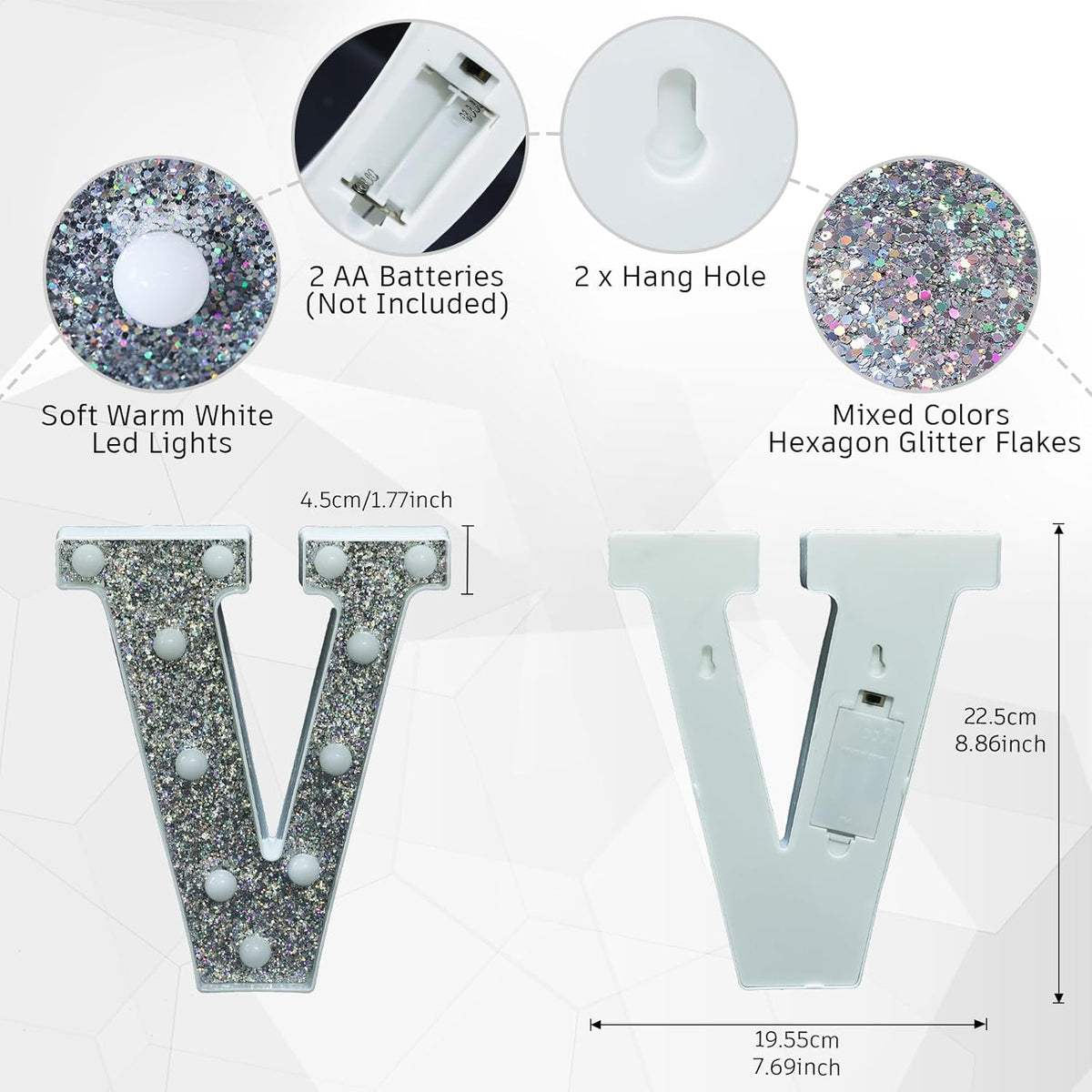 Light Up Letters - Marquee Letter V, Glitter Lighted Signs for Prom, Events, or Engagement Party