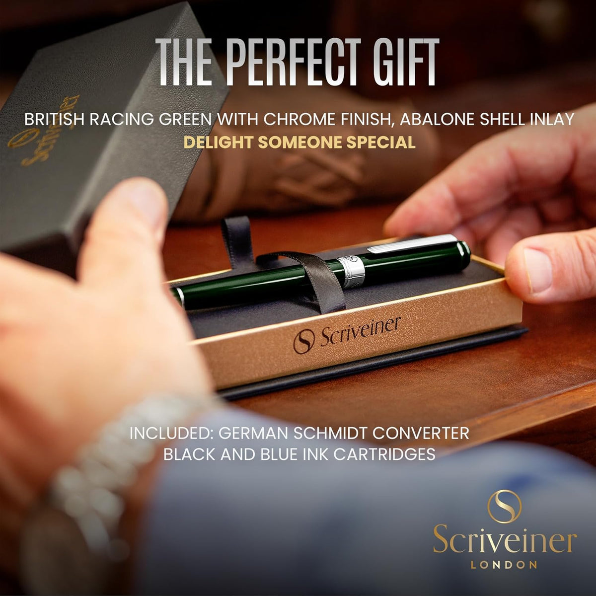 Scriveiner British Racing Green Fountain Pen - Stunning Luxury Pen with Chrome Finish, Schmidt Nib