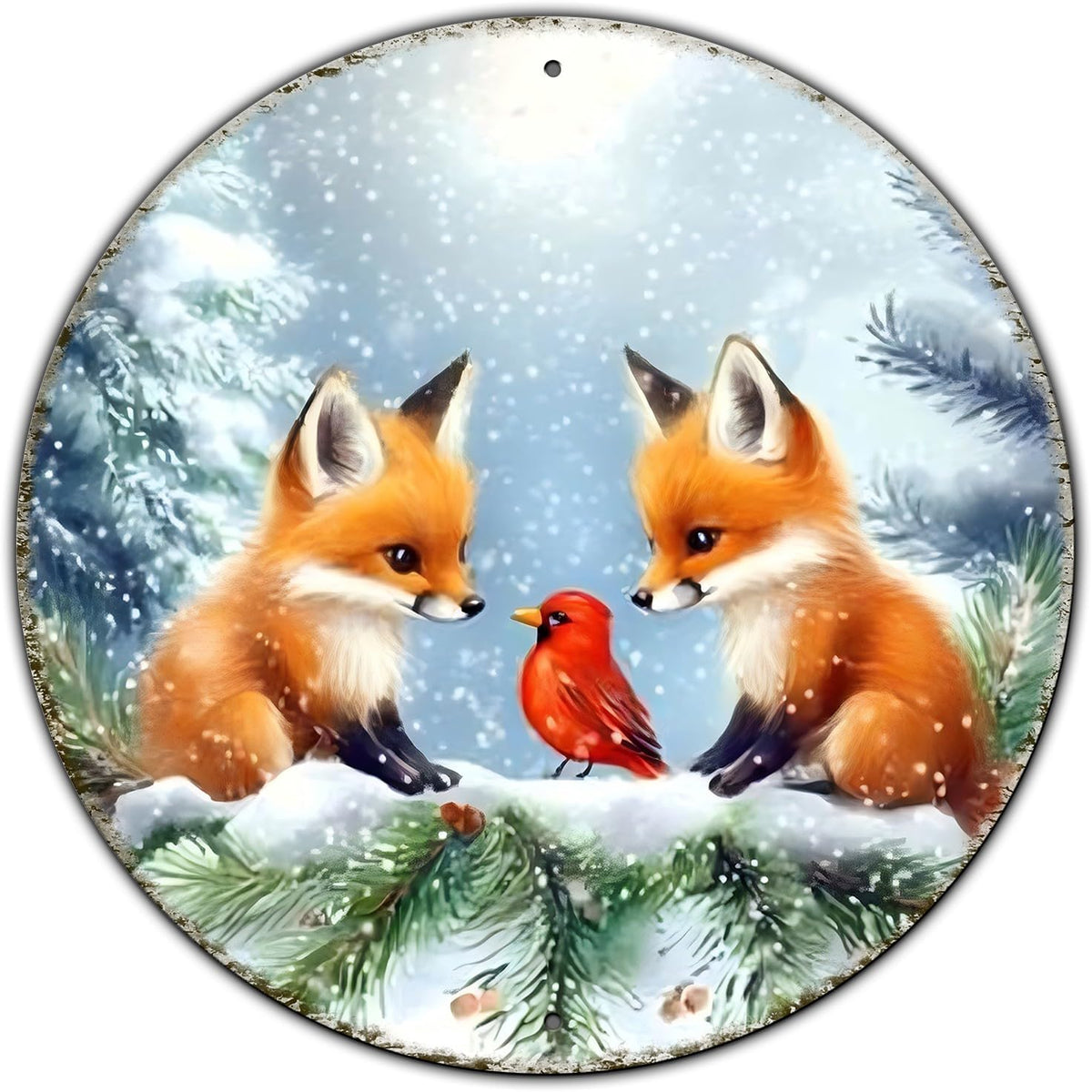 Christmas Round Fox Metal Tin Sign - Red Bird Winter Vintage Sign for Home & Outdoor Decorations