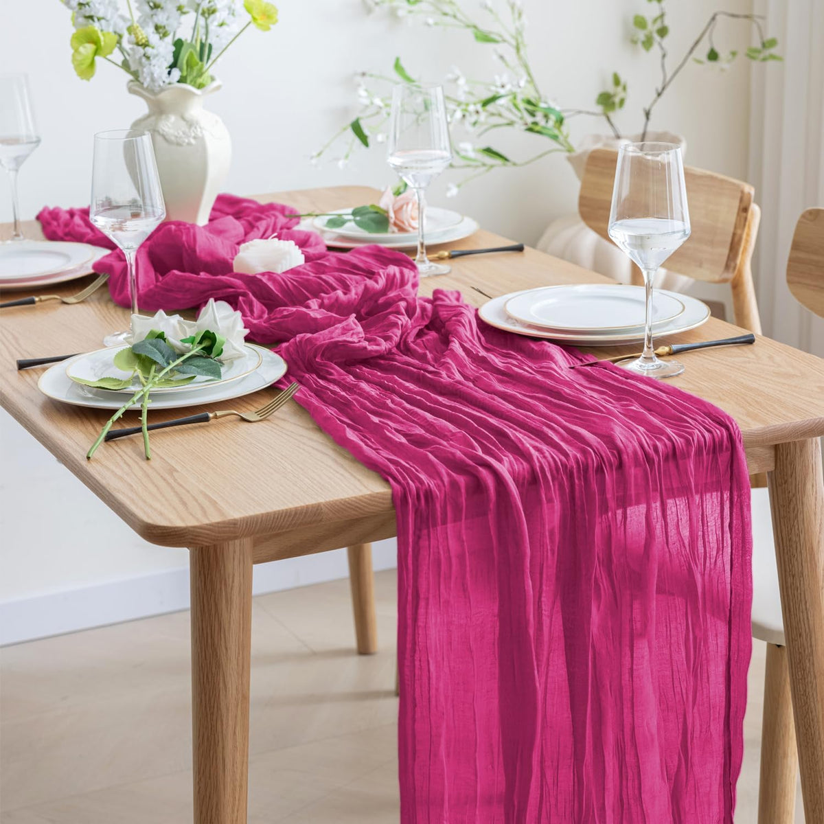 Asee'm 6pcs Cheesecloth Table Runner 120 Inches Long Fuchsia Boho Gauze Cheese Cloth Runner 10FT