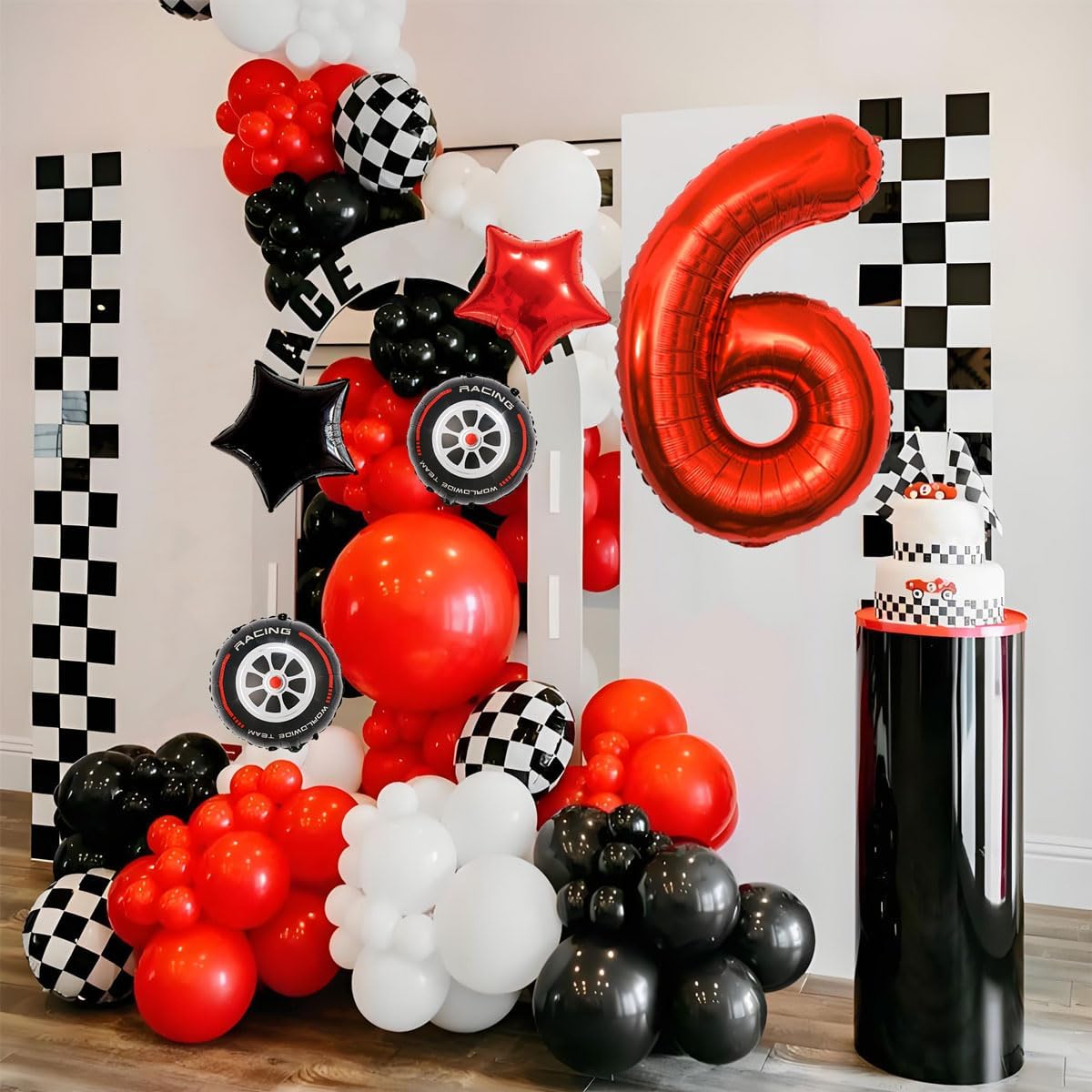 Race Car Birthday Decorations - 40 Inch Mylar Red Number 6 Balloons - Black Foil Checkered Race Car