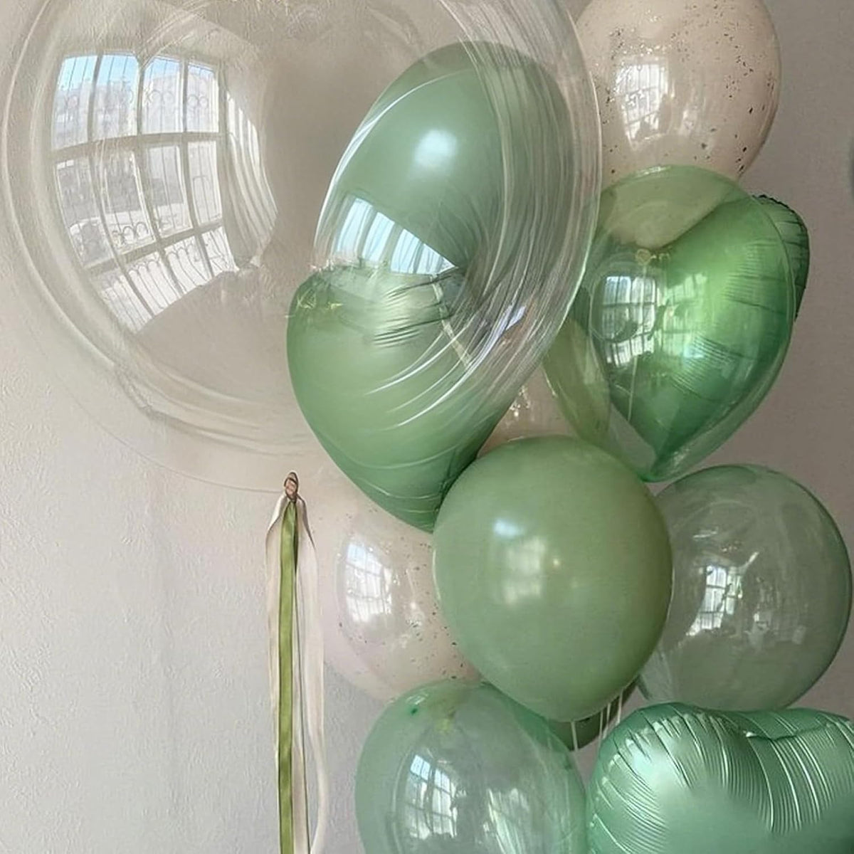 Sage Green White Heart Balloons,12Pcs 18 Inch Oliver Green Cream Foil Love Heart Shaped Balloons