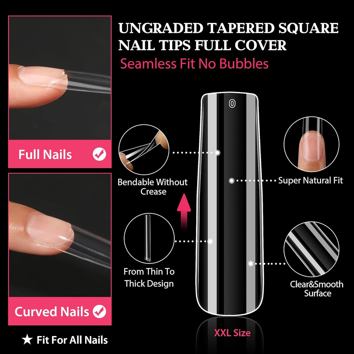 UNA GELLA XXL Long Square Nails Tips 216 PCS No C Curve Straight Nail Tips Full Cover Square Gel