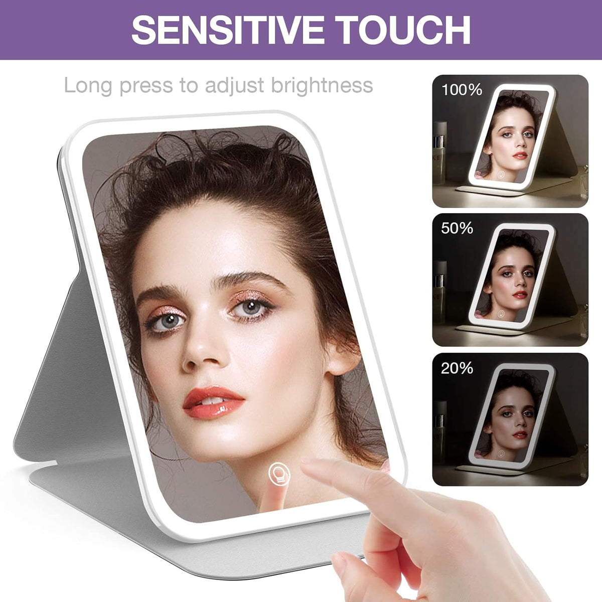 Kintion Travel Makeup Mirror, Portable LED Lighted Makeup Mirror, 360° Rotation Touch Screen Vanity