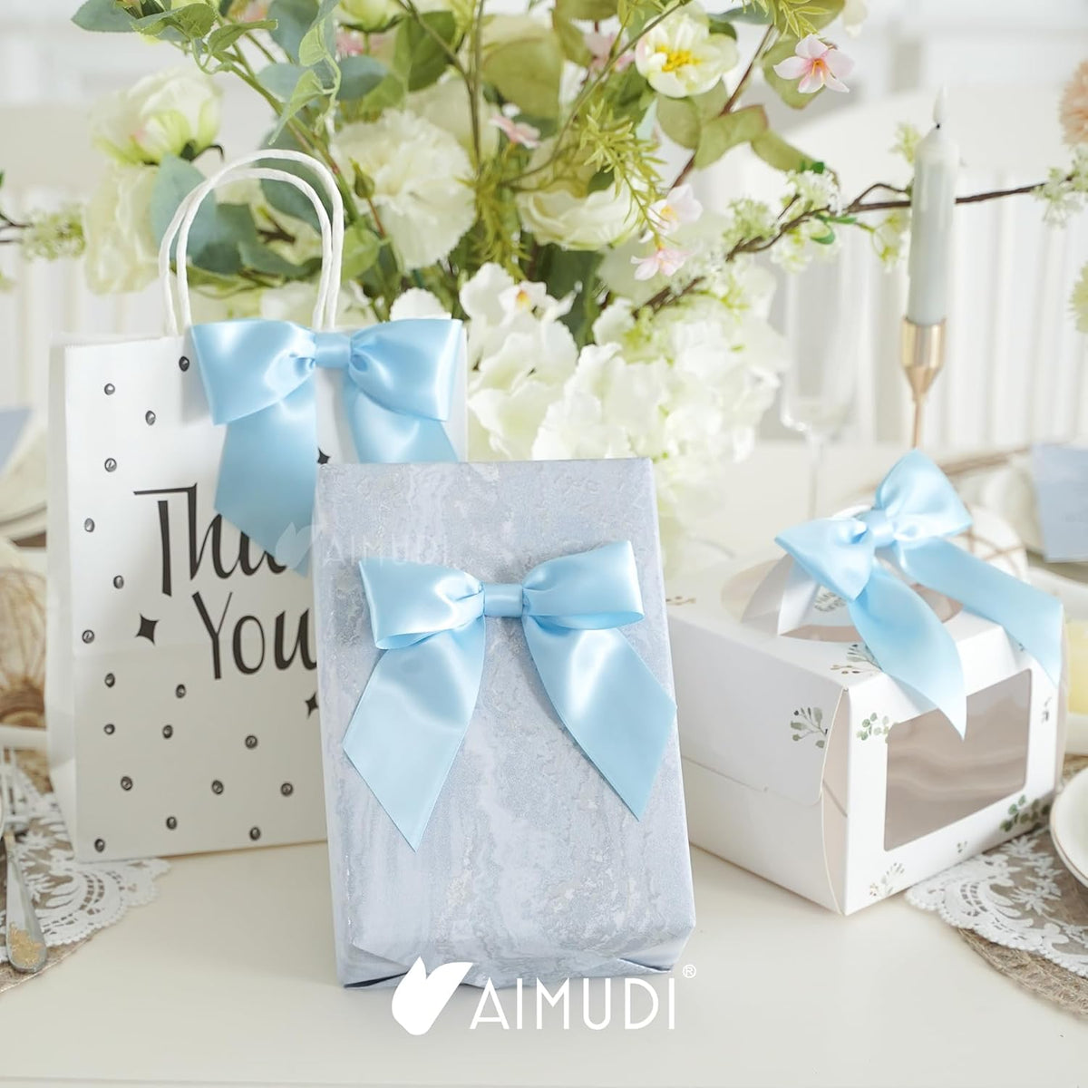 AIMUDI Baby Blue Satin Bows 5.5" Bows for Gift Wrapping Satin Twist Tie Bows Premade Ribbon Bows