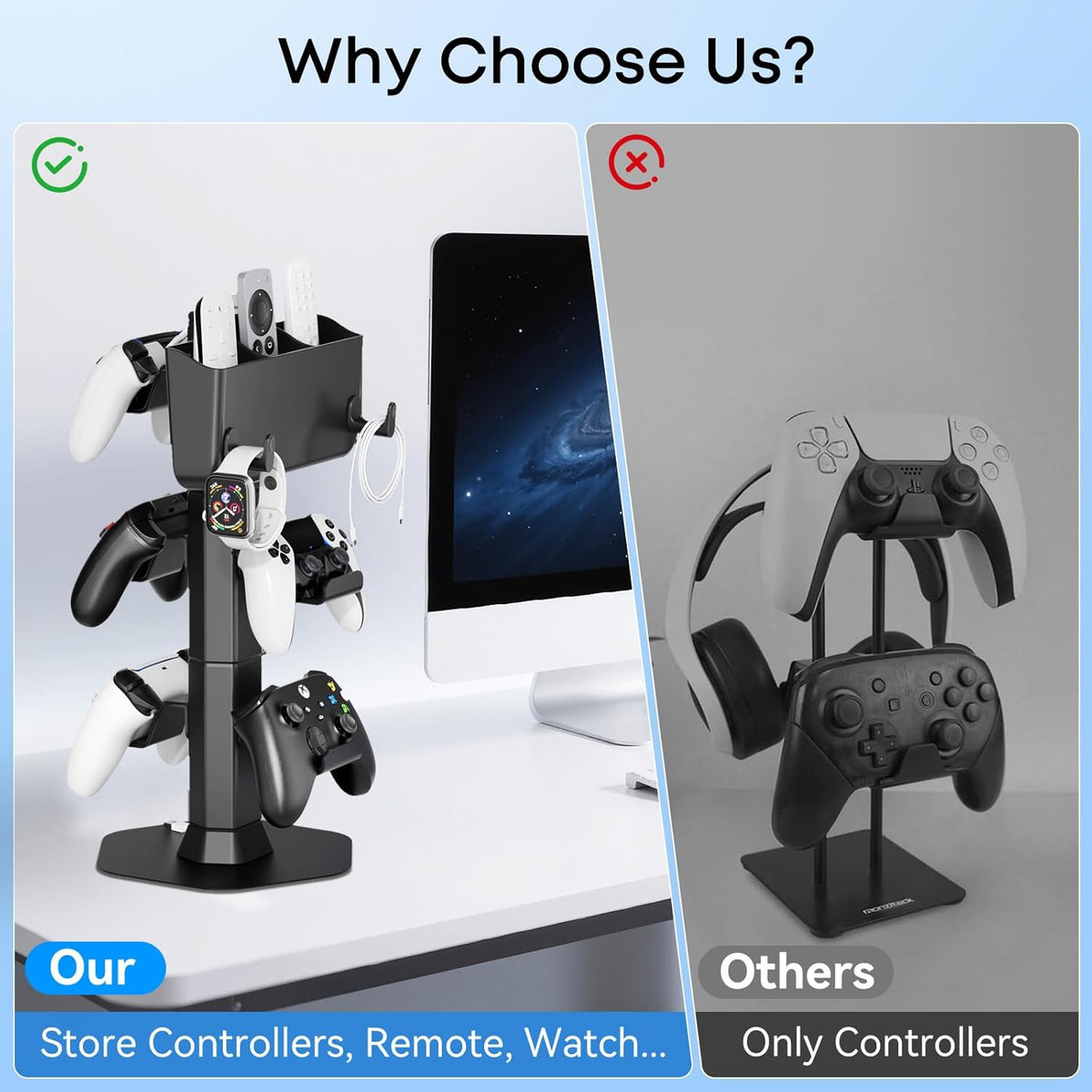 Controller Holder with Remote Control Storage Box, Headset and Controller Stand for Desk, Headphone