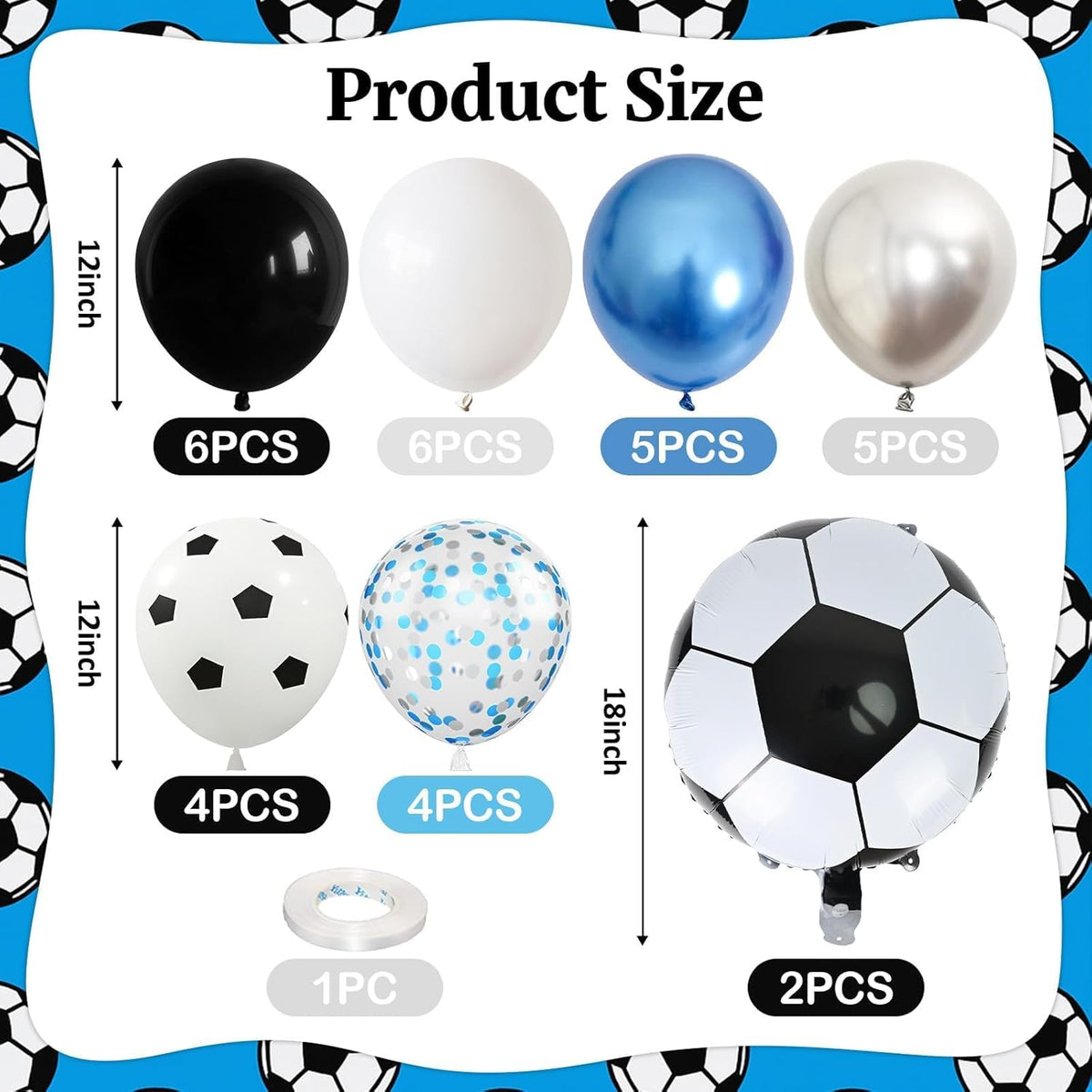Soccer Balloons, Metallic Blue Silver Balloons with 18 Inch Soccer Ball Foil Print Balloon for