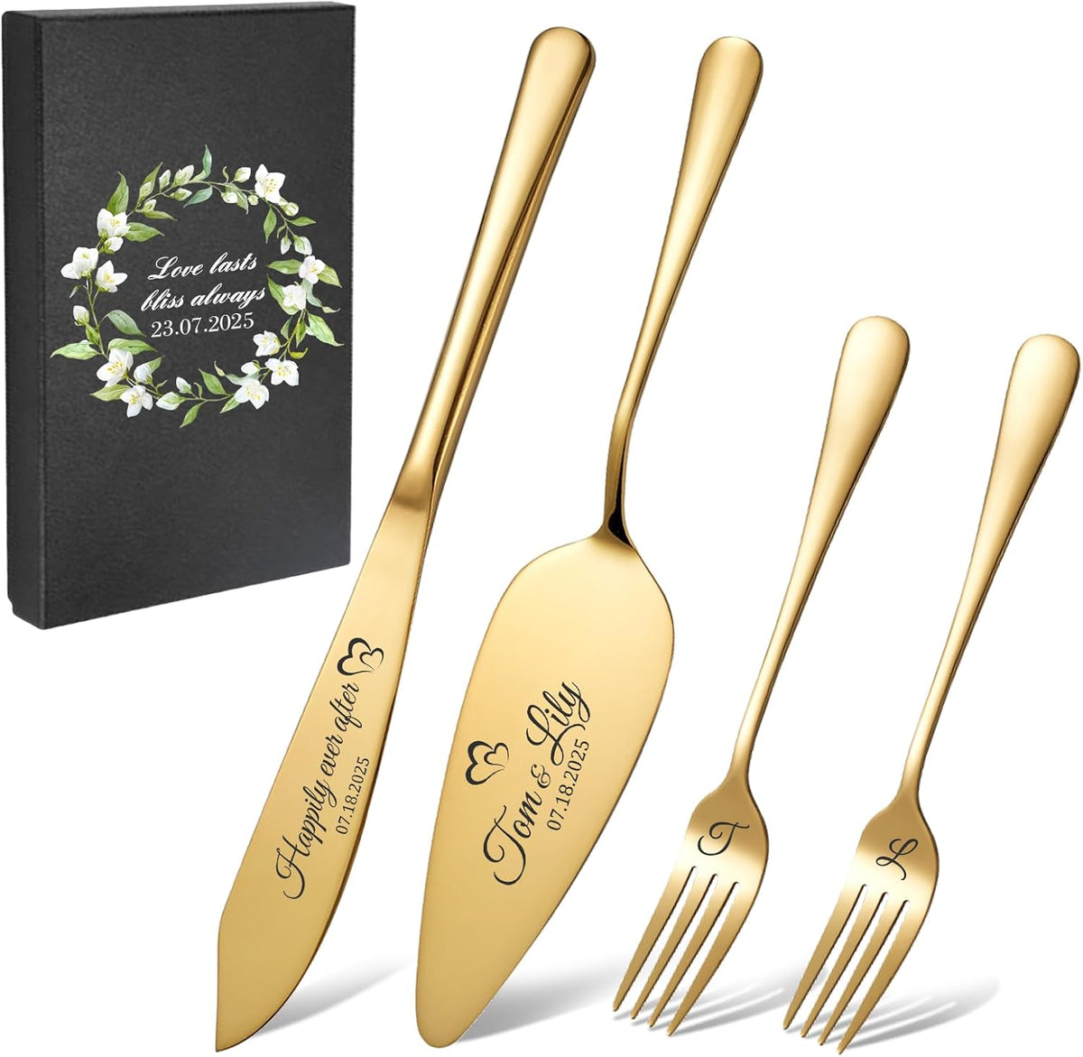 Personalized 4 Piece Wedding Cake Cutting Set, Custom Names Cake Knife and Server set with Forks