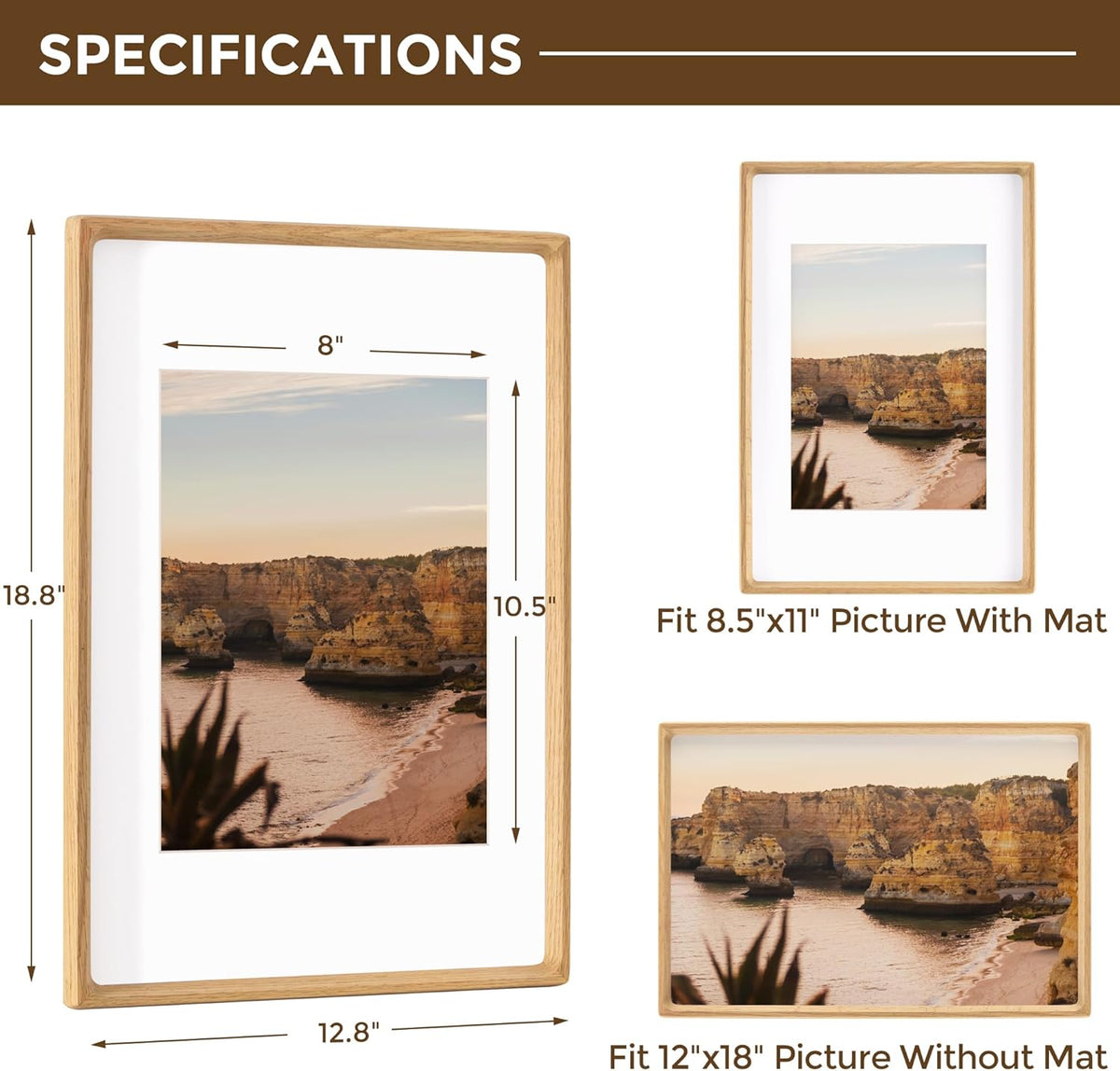 12x18 Frame USA-Sourced Natural Oak Wood Solid Wood Photo Frame Handcrafted Rounded Corner with Mat