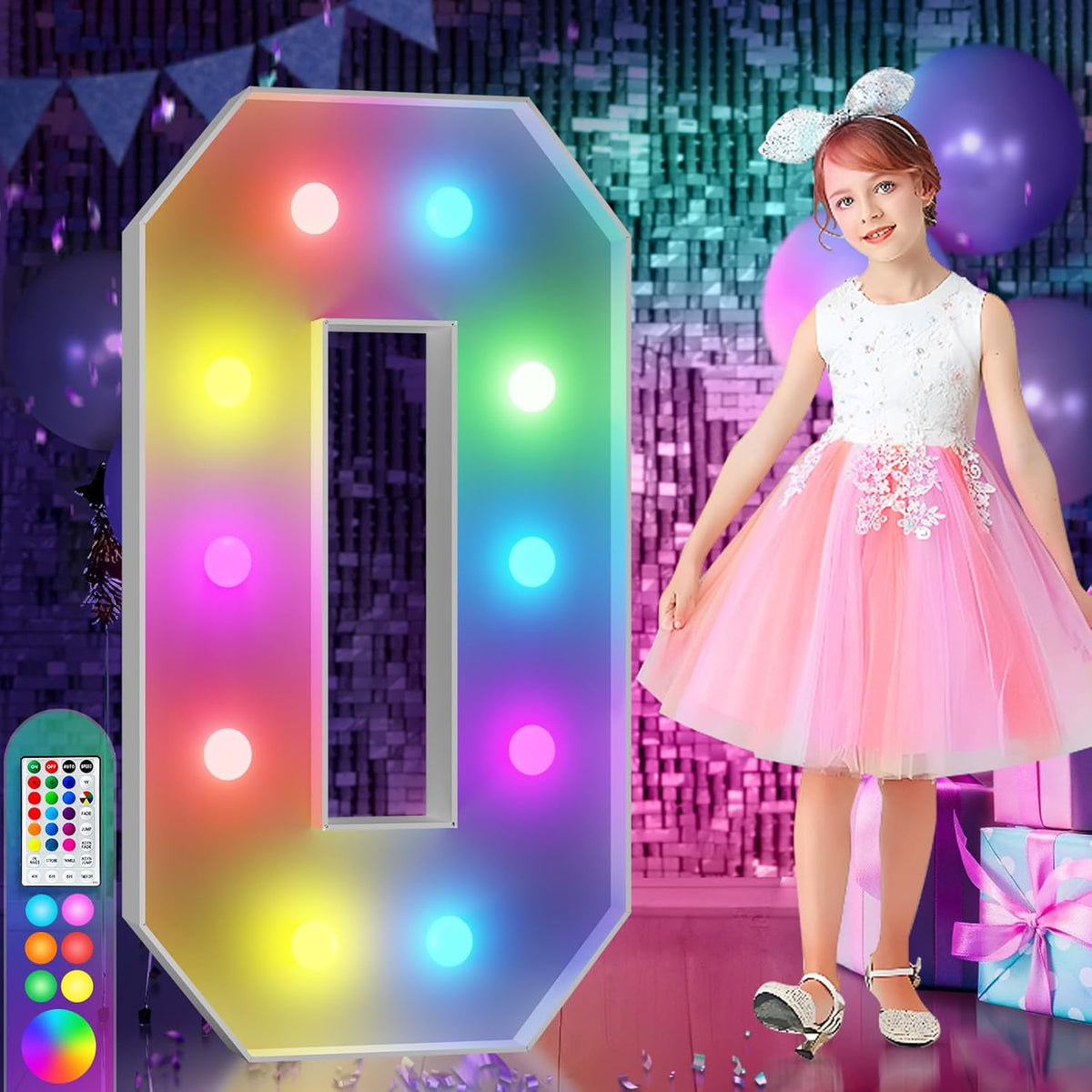imprsv 4FT Colorful Marquee Numbers,18 Colors Number 0 with Remote, Light Up Numbers Sign for 50th