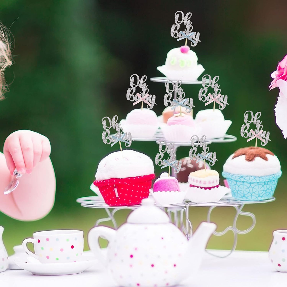 Gyufise 36Pcs Oh Baby Cupcake Toppers with Blue Pink Bowknot Silver Glitter Baby Shower Cupcake