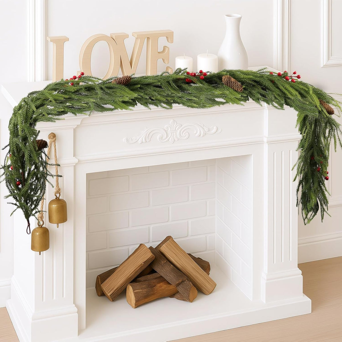 9FT Norfolk Pine Garland Christmas Artificial Greenery with Red Berries Cones, Pine Tree Decor for