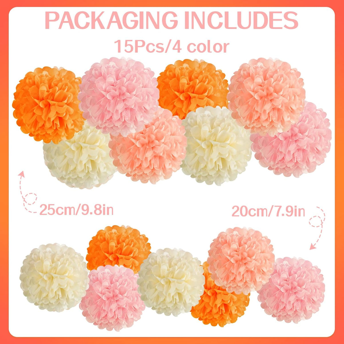 15Pcs Tissue Pom Poms Pink Orange Paper Flowers Hanging Decorations Orange Pink Flower Ball for