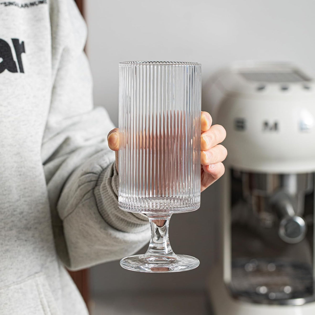 INSETLAN Set of 4 Ribbed Glass Goblets – 12oz Vertical Stripe Stemmed Glassware for Cocktails