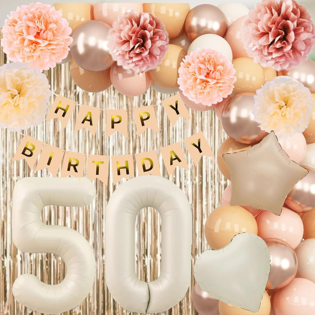 Beige 50th Birthday Decorations for Women Cream Number 50 Balloon Nude Gold Happy Birthday Banner