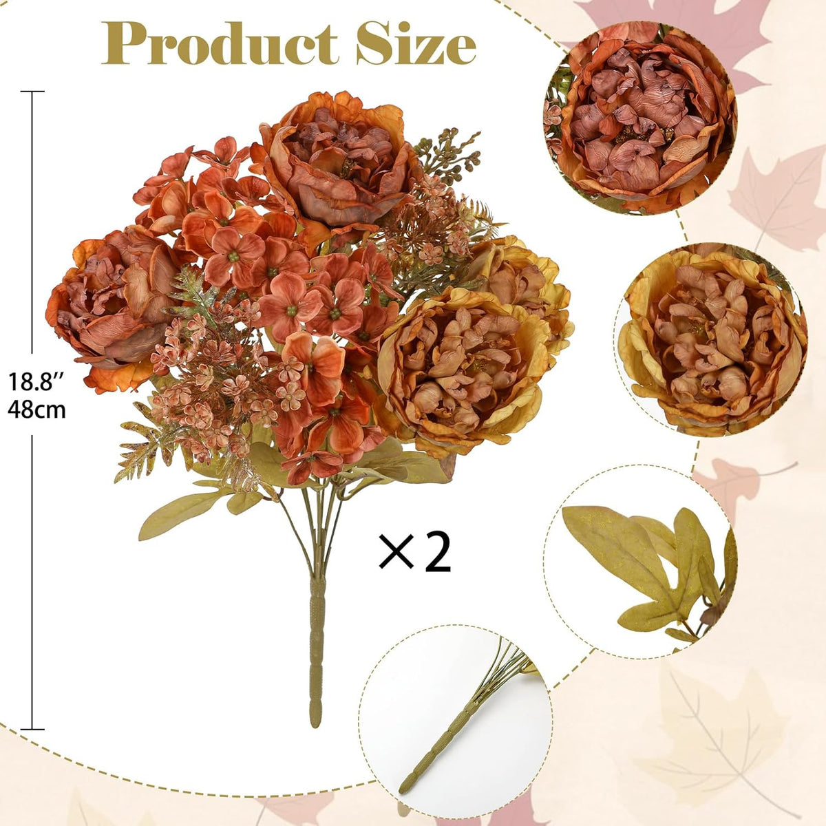 Hollyone 2Pcs Artificial Fall Flowers Bouquet 18.8" Burnt Orange Dried Peony Hydrangea Fake Fall