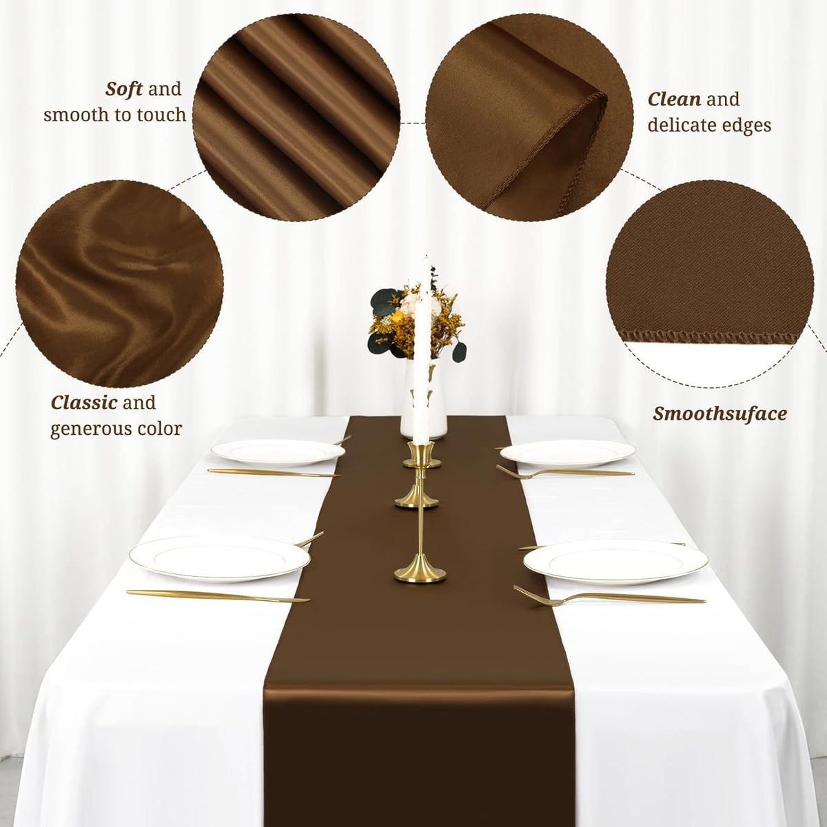 12 Pack Brown Satin Table Runner 12 x 108 inch Long Premium Smooth Table Runner for Wedding