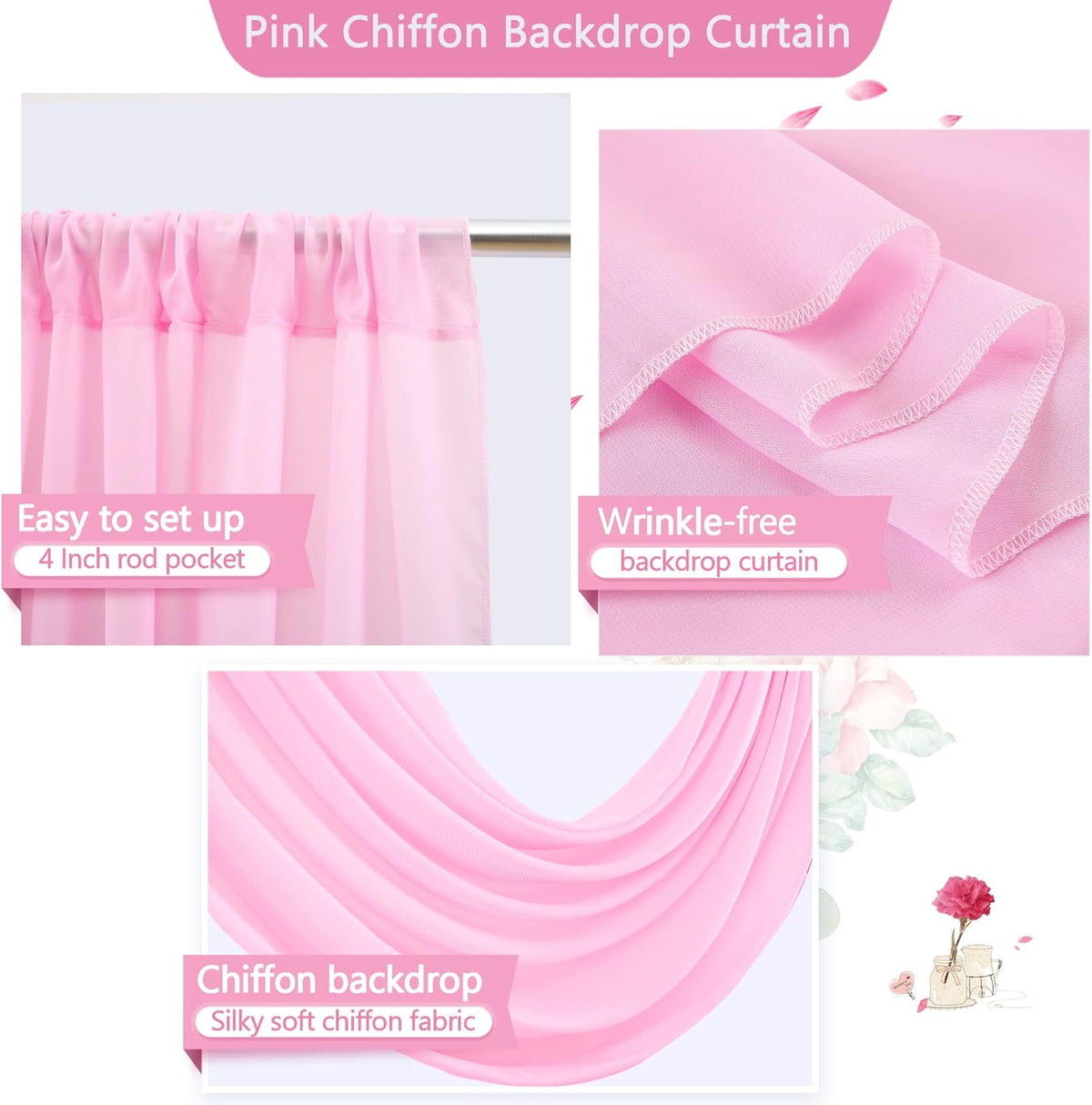 PARTISKY 10x10ft Pink Chiffon Sheer Backdrop Curtains, Wrinkle-Free Wedding Backdrop Drapes for