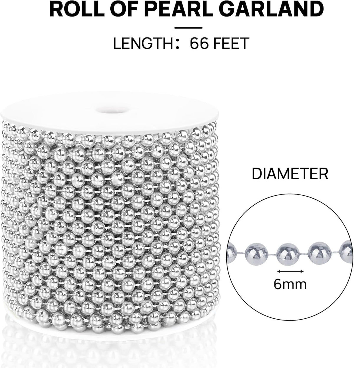 Craft String Pearls 6MM Pearl Bead, 66 Feet Silver Faux Pearl Garland Spool Roll Strand Wedding