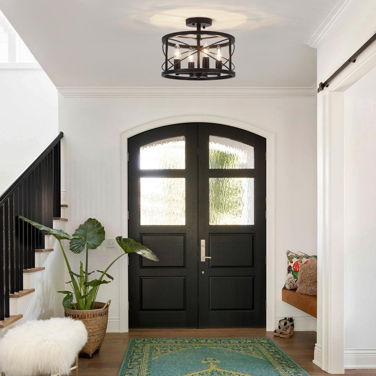 Black Semi Flush Mount Ceiling Light Fixture, 4-Light Farmhouse Modern Ceiling Light, Hallway Light