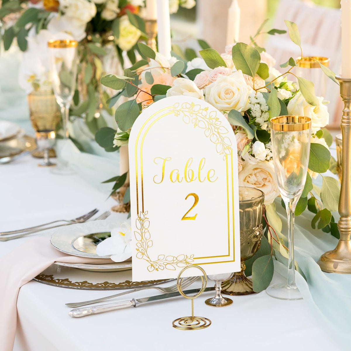 Wedding Table Numbers 1-40, 40 White Gold Cards with 40 Gold TableNumber Holders for Wedding