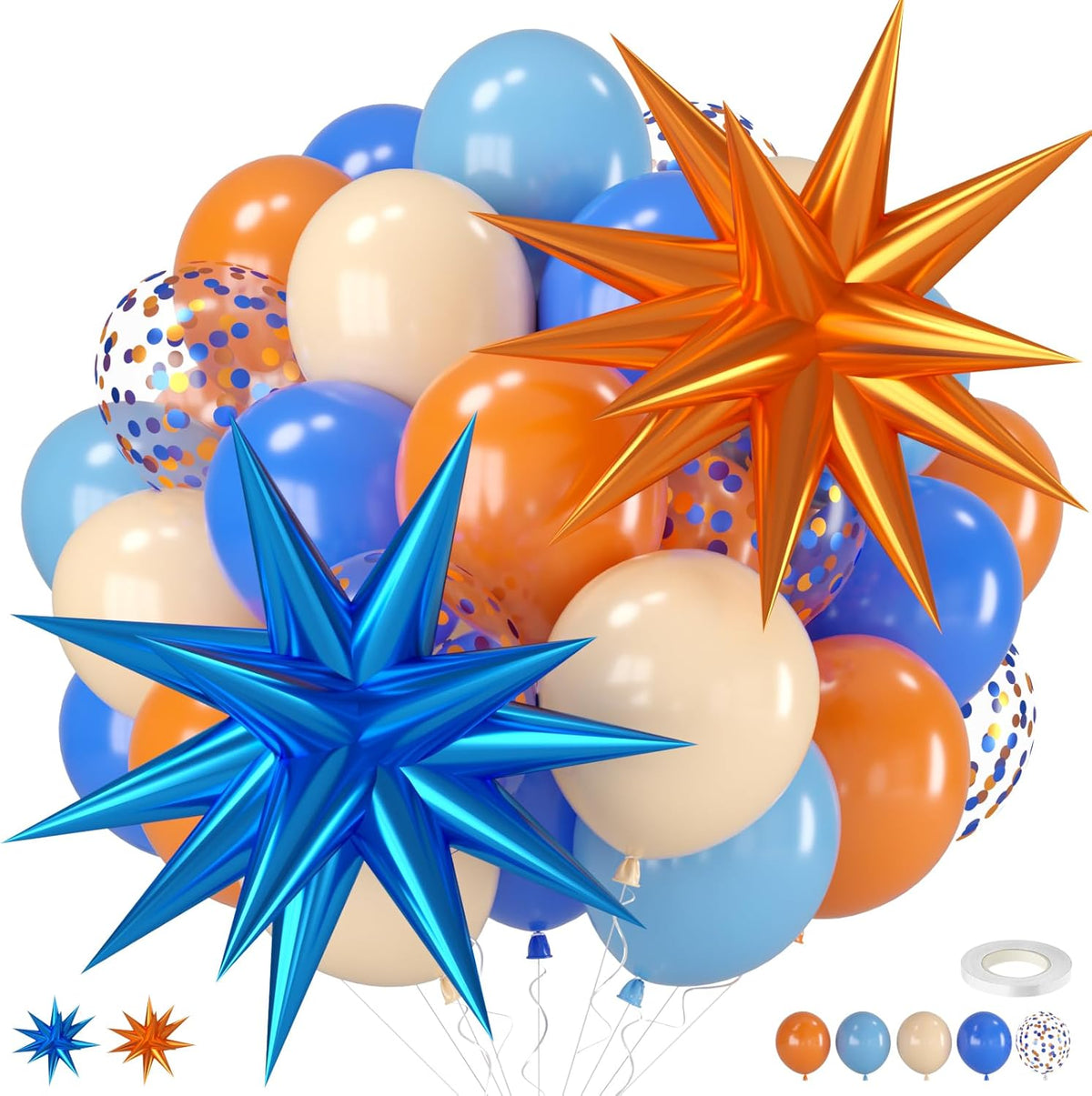 Blue and Orange Balloons, 12 Inch Orange Light Blue Nude Dark Blue Confetti Balloons with Star Foil