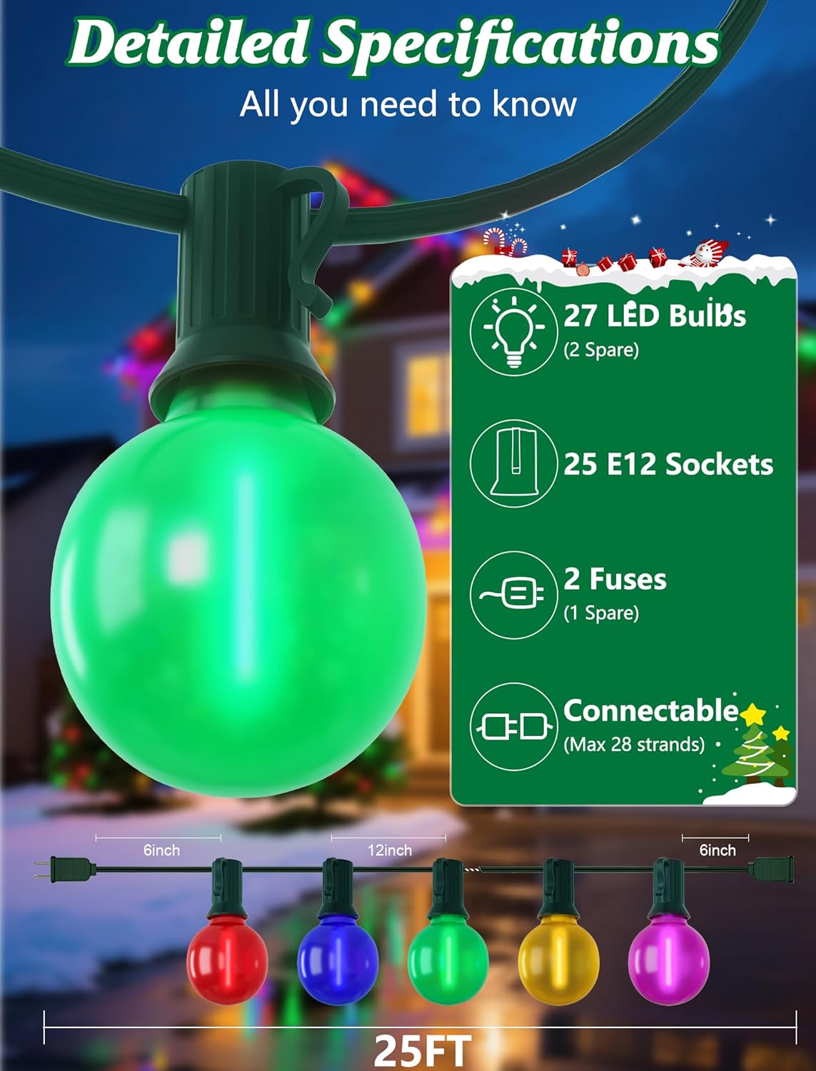 SUNSGNE 25FT LED Colored Christmas Lights with 25 G40 LED Shatterproof Frosted Multicolor Globe