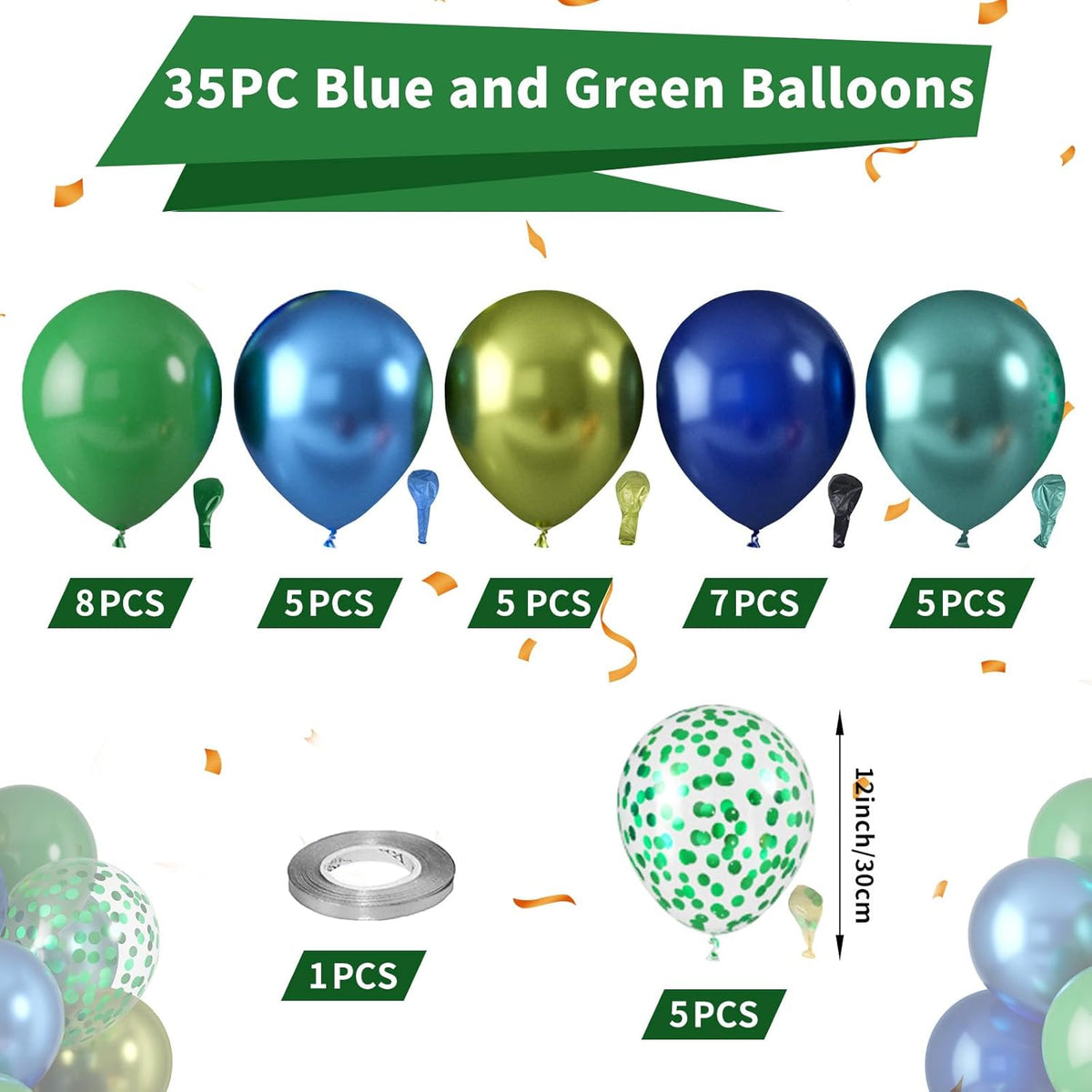 Blue and Green Balloons, Dark Green Metallic Balloons and Royal Blue Balloon, Metallic Blue Green