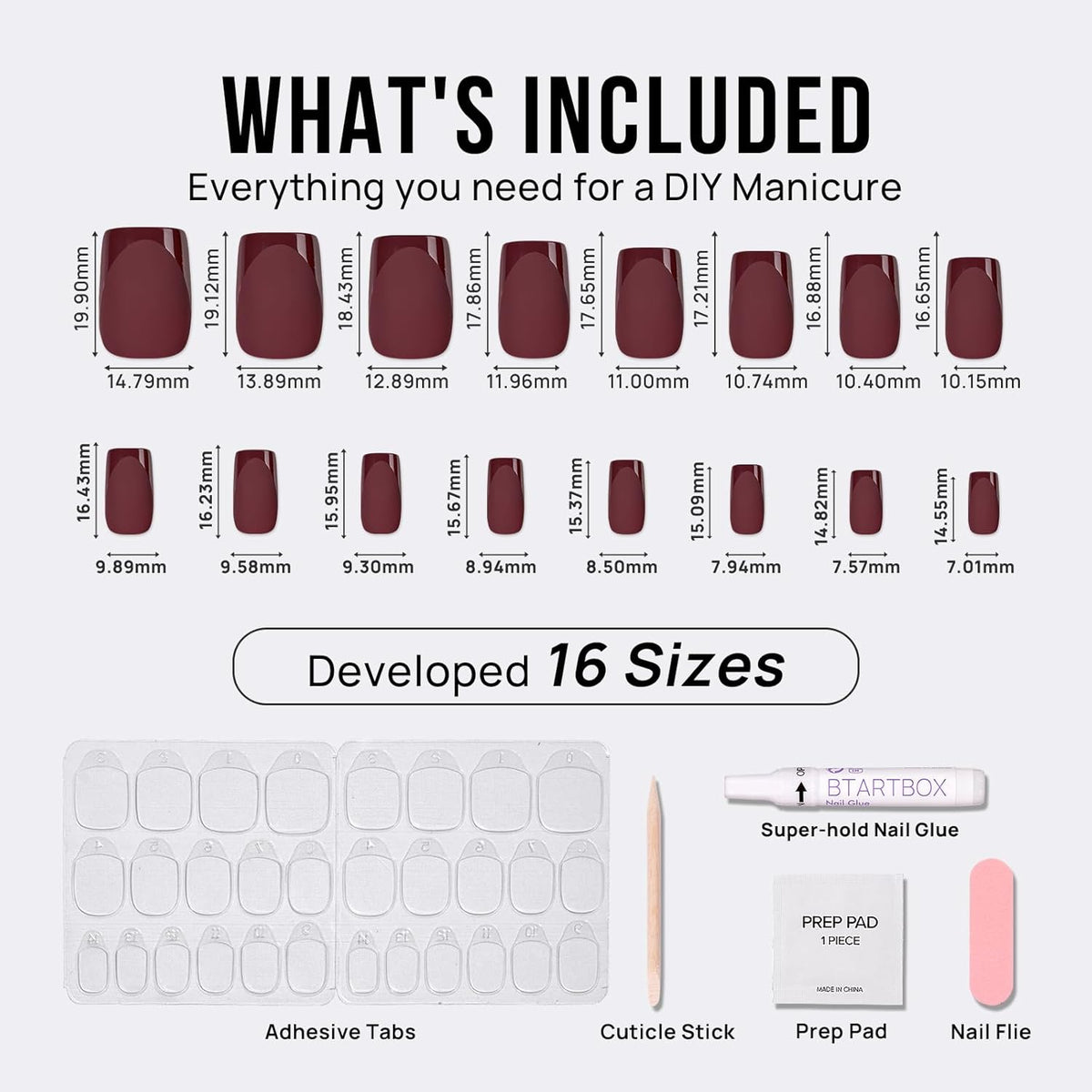 BTArtbox Press on Nails Short Square - Dark Red Nails with Glossy French Tips in a Matte Finish