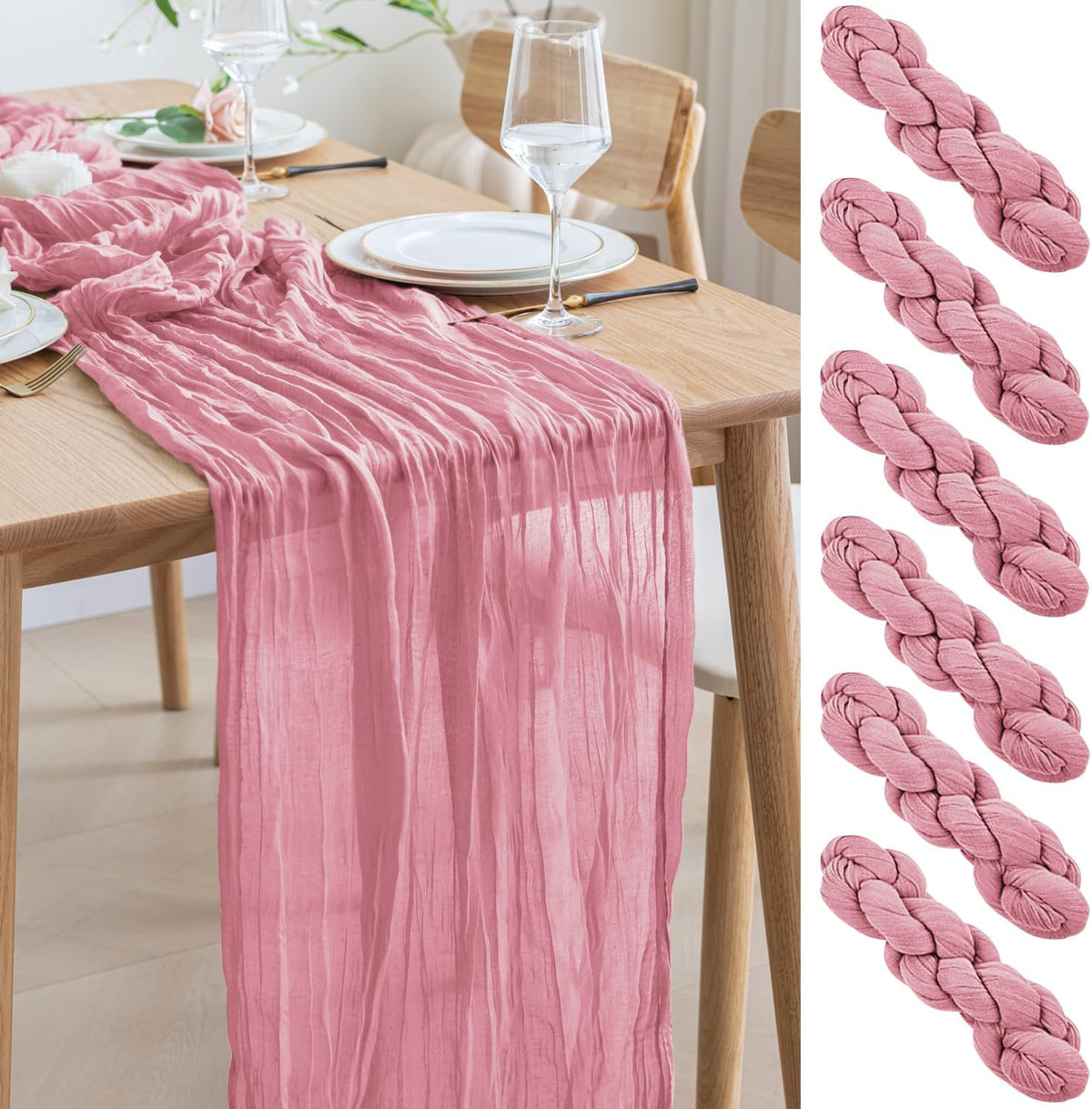 Asee'm 6pcs Cheesecloth Table Runner 120 Inches Long Pink Boho Gauze Cheese Cloth Runner 10FT
