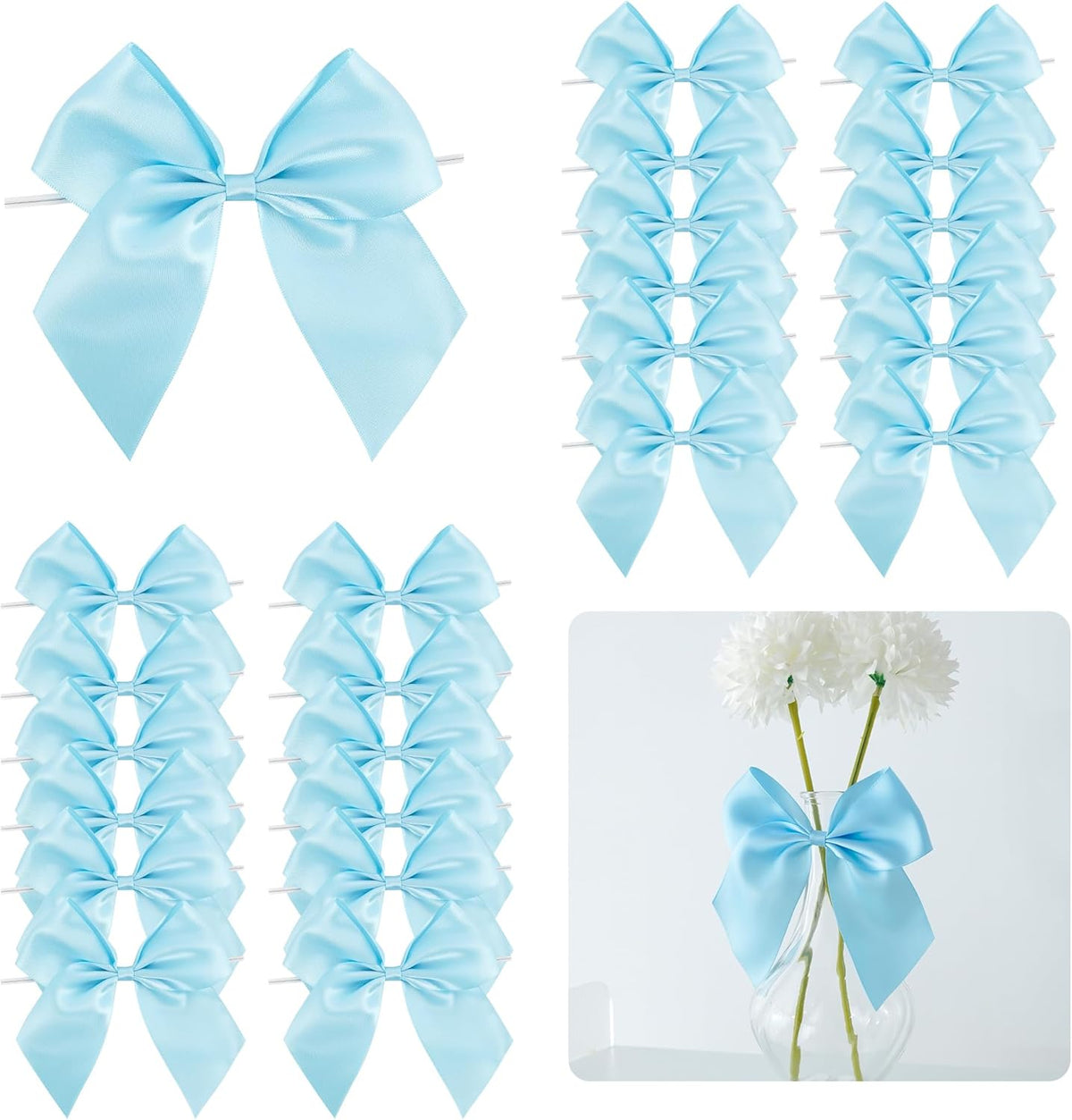 5'' Blue Bow Party Decorations Satin Bows, Twist Tie Bows for Treat Bags, Cake Pops, Pre-Tied Bow