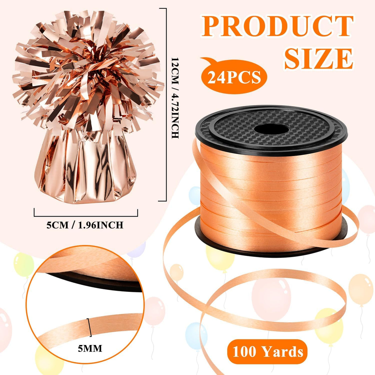 24 PCS Balloon Weights Metallic Anchor, Balloon Holder Heavy Weights with 1 Roll Rose Gold Crimped