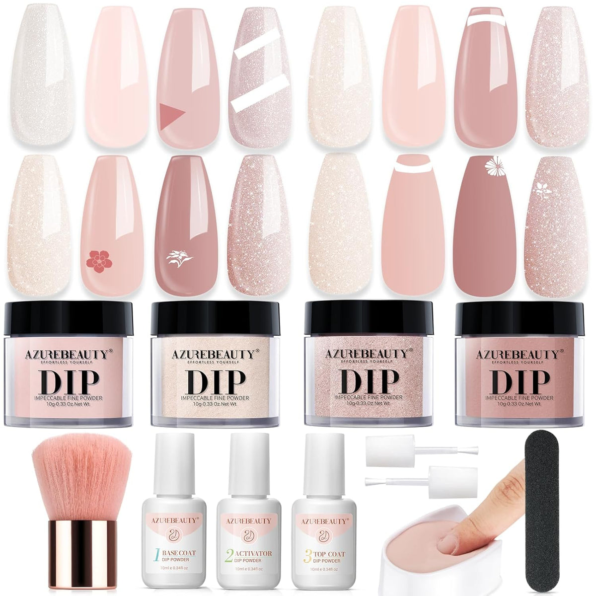 AZUREBEAUTY Dip Powder Nail Kit, 4 Colors Dipping Powder Nude Skin Glitter System Liquid Set